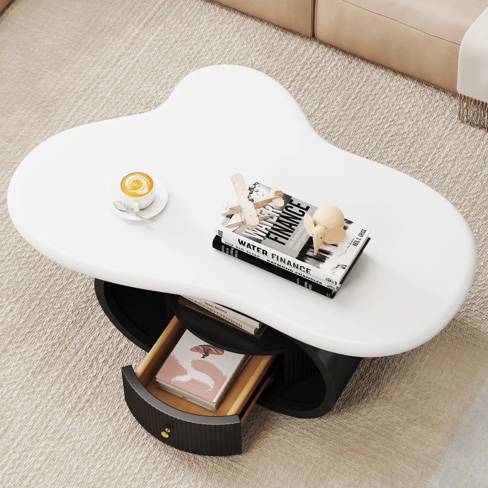 Modern 39″ White Coffee Table Cloud Center Table MDF Metal w/ Drawer Living Room