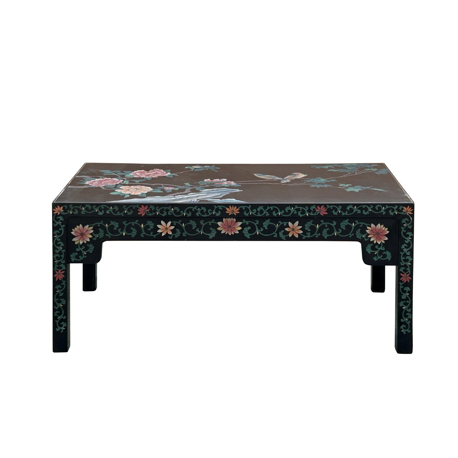 Chinese Black Lacquer Flower Birds Graphic Rectangular Low Coffee Table GB144
