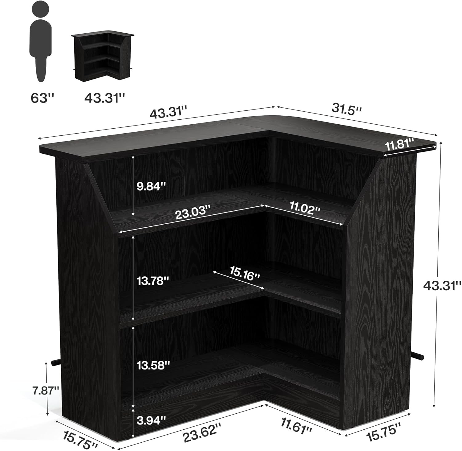 L Shaped Bar Table, Modern Home Bar Unit with Storage Shelves & Metal Footrest