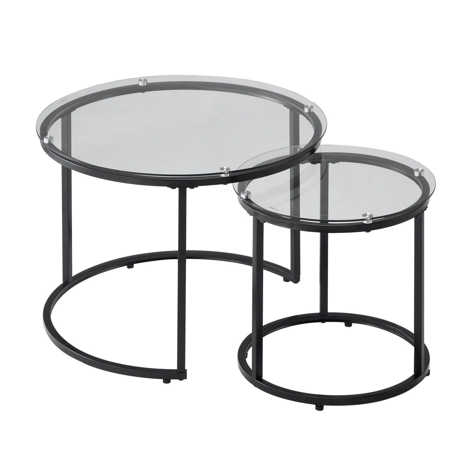 23.6in and 15.8in Tempered Glass Nesting Tables, Black Steel Frame, Round