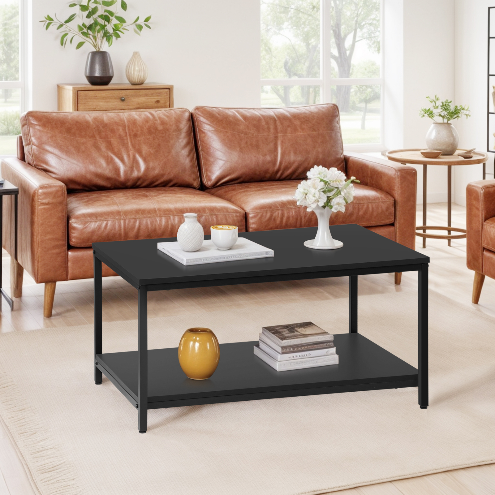 Coffee Table Storage Shelf with Metal Feet Retro Style Living Room Coffee Table