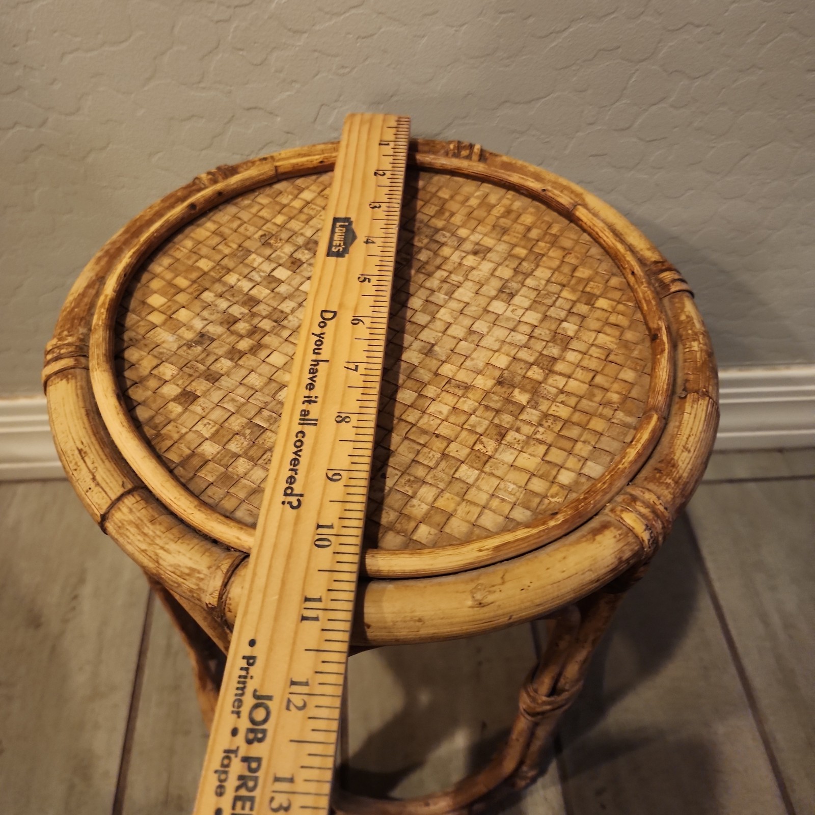 Vintage MCM Rattan Bamboo Side Table Plant Stand Woven Top 13.5” Boho Chic 60s
