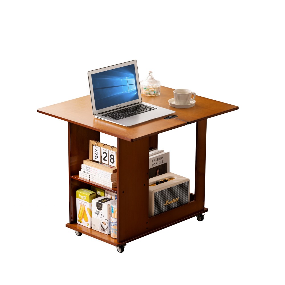 Folding Edge Table With Movable Storage, Bamboo Foldable Tabletop for Beds Sofas