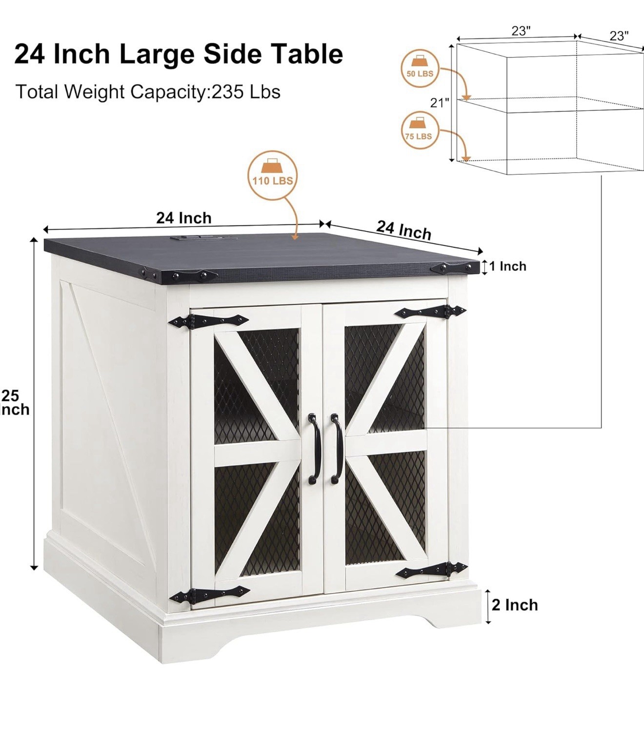 23.6″ Large Farmhouse End Table with Charging Station Adjustable Storage Shelf
