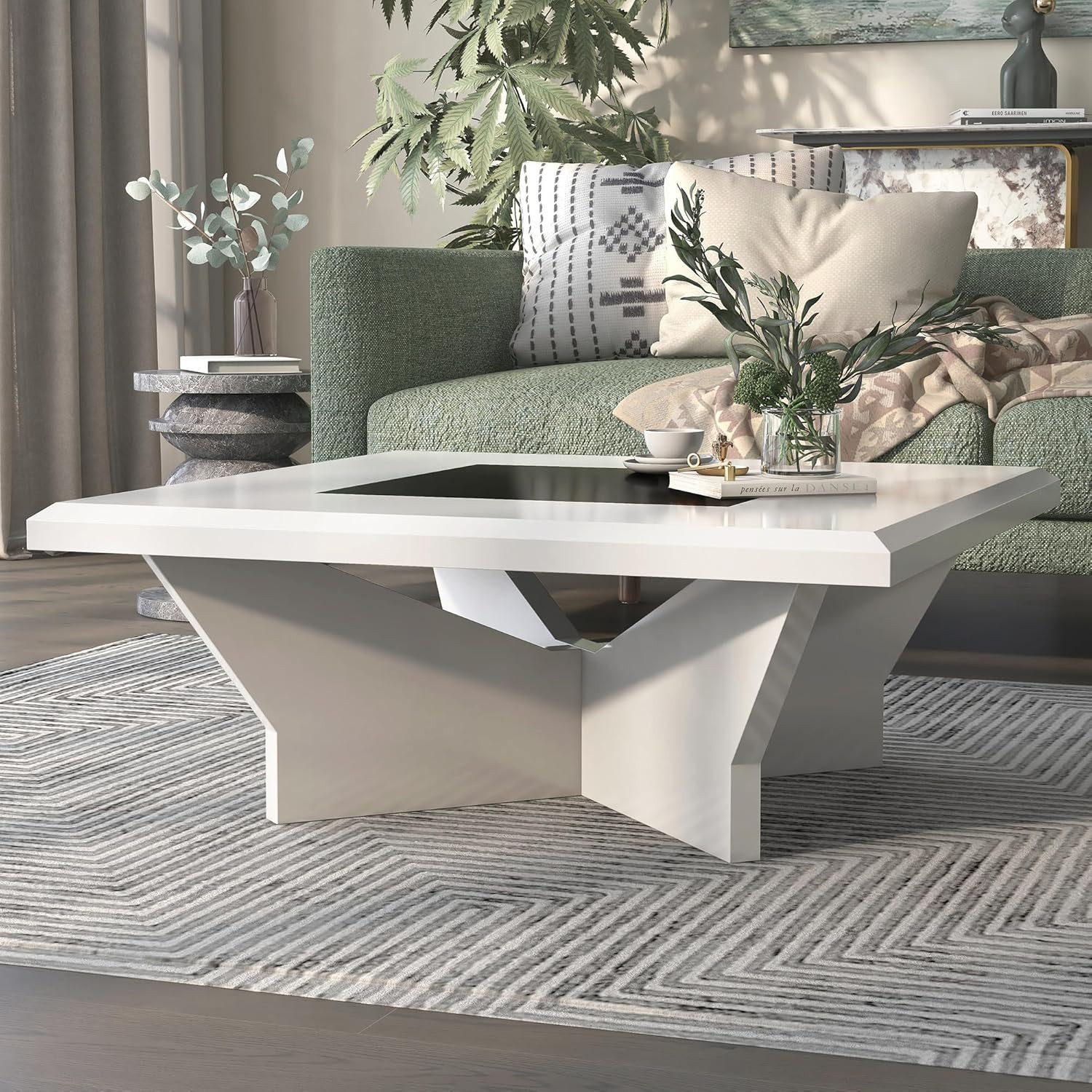 Alisha-Mae Modern White Coffee Table with Geometric Base for Any Room
