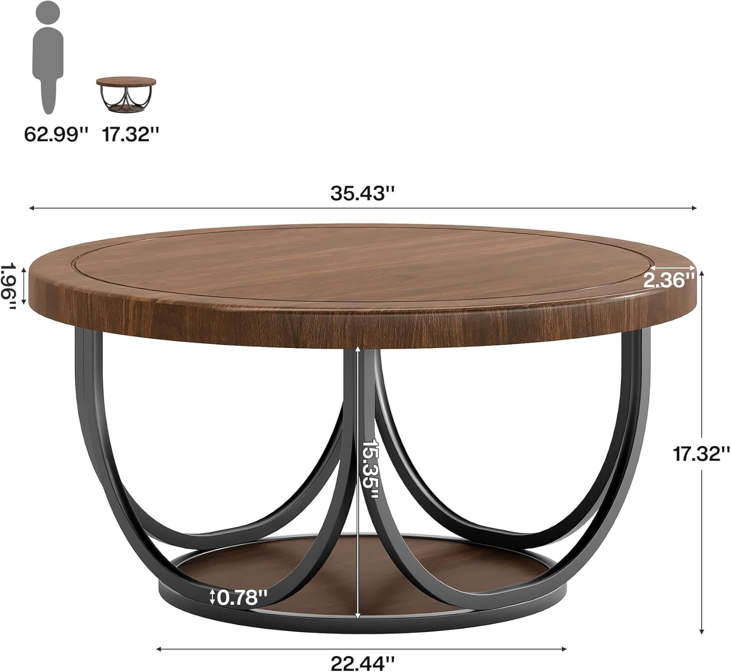 31.5” Round Coffee Table Wooden Circle Accent Cocktail Table with Storage Shelf