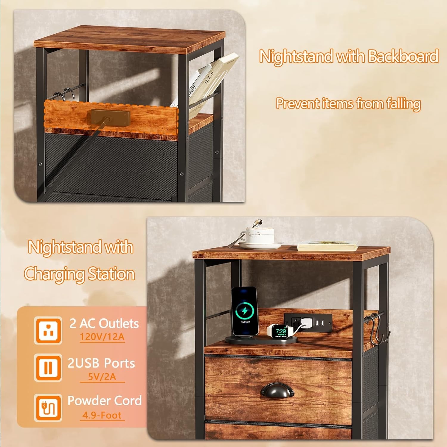Innovative End Table with USB Charging, Hooks & Elegant Design for Any Room