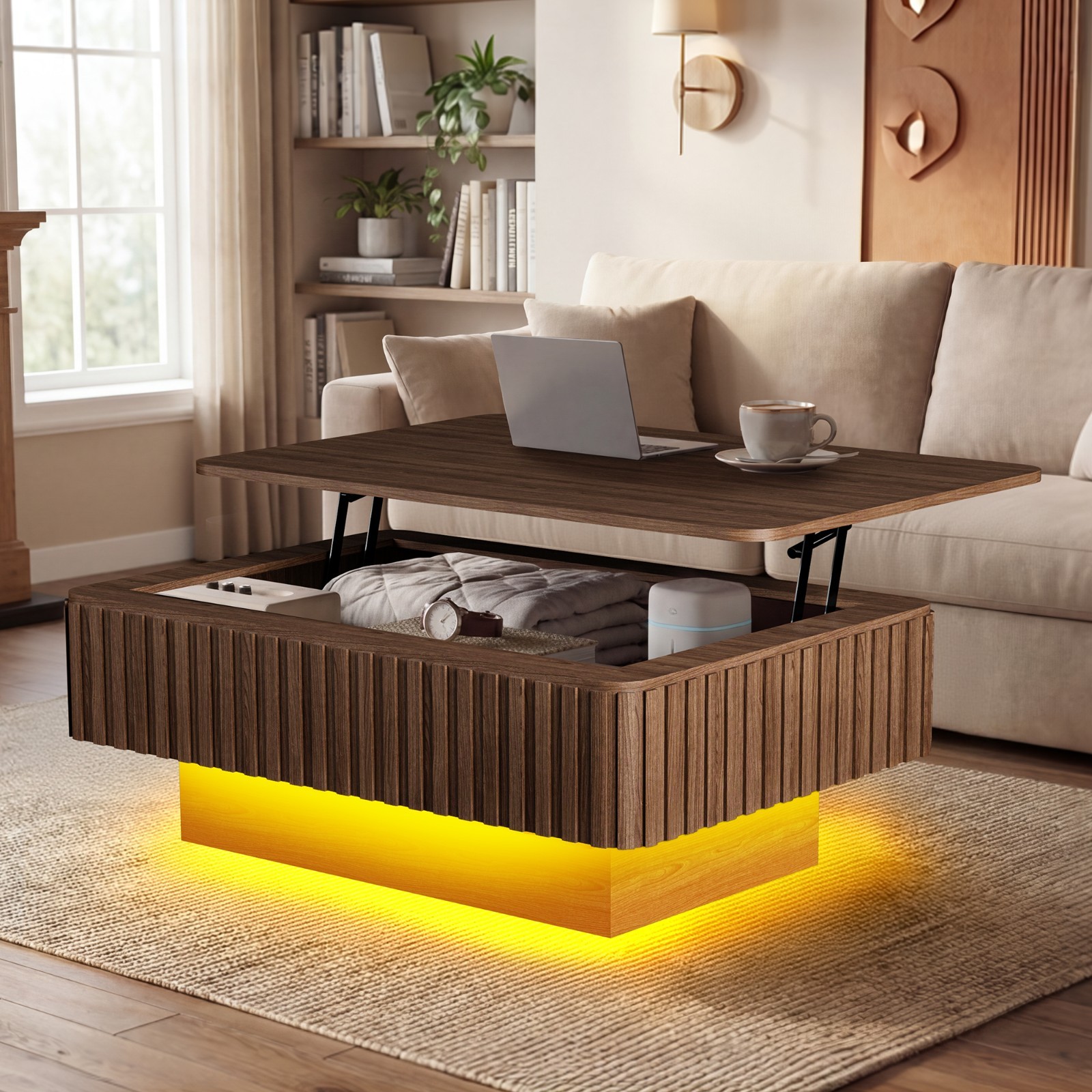 Fluted Lift Top Coffee Table with Charging Station & Storage Modern Coffee Table