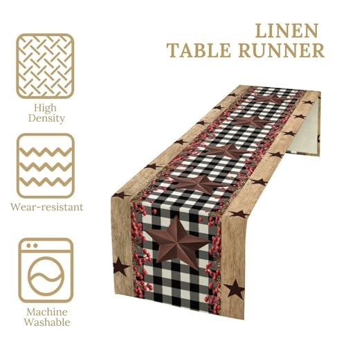 Farmhouse Table Runner,Rustic Western Star Black White W13″x L36″ Cowboy-2