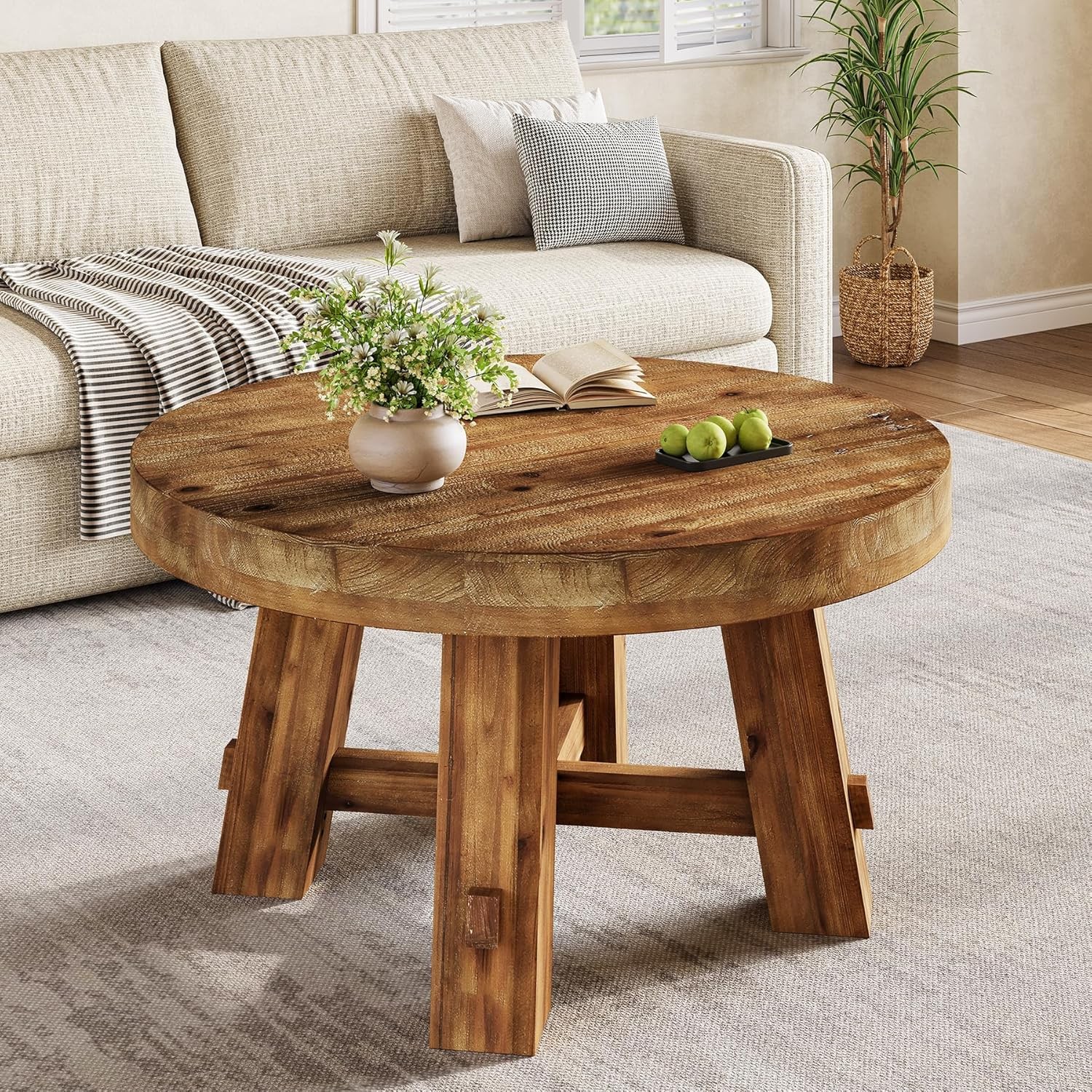 31.5-Inch Round Coffee Table, Rustic Solid Wood Center Table for Living Room