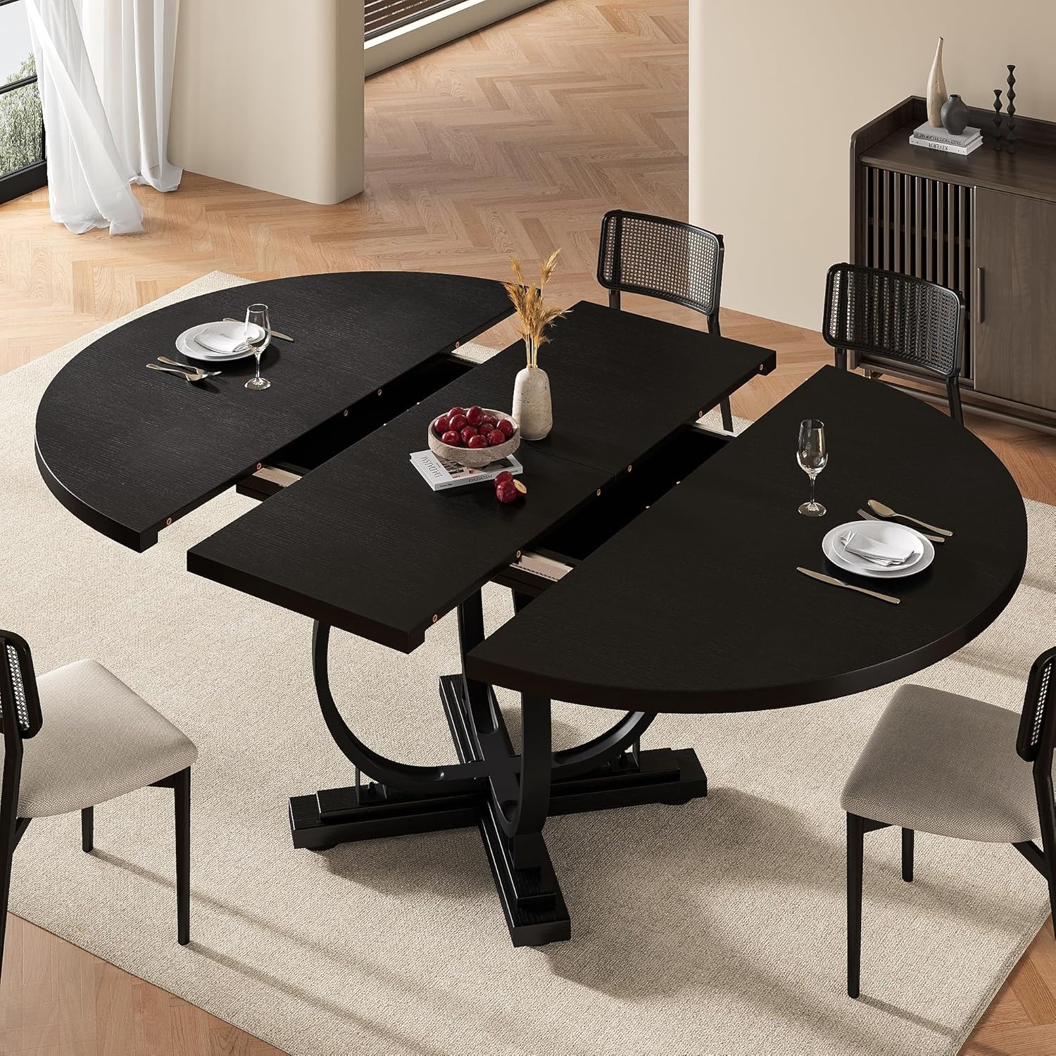 Modern 59″ Round Extendable Dining Table for 4-6 with Space Saving Design