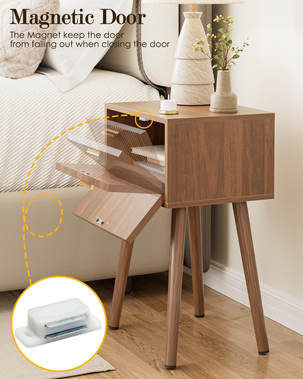 Night Stand Set 2, Walnut Nightstand with Fluted Doors, Small Modern MidCentu…