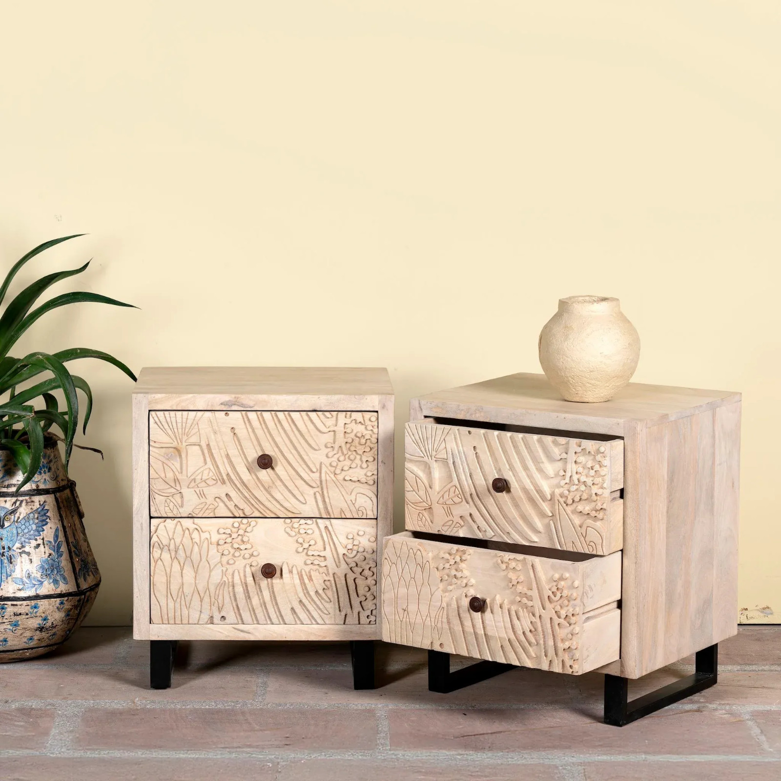Artisan Handmade Bedside Table Solid Wood Hand Carved 20.1 × 16.1 × 23.2 inches