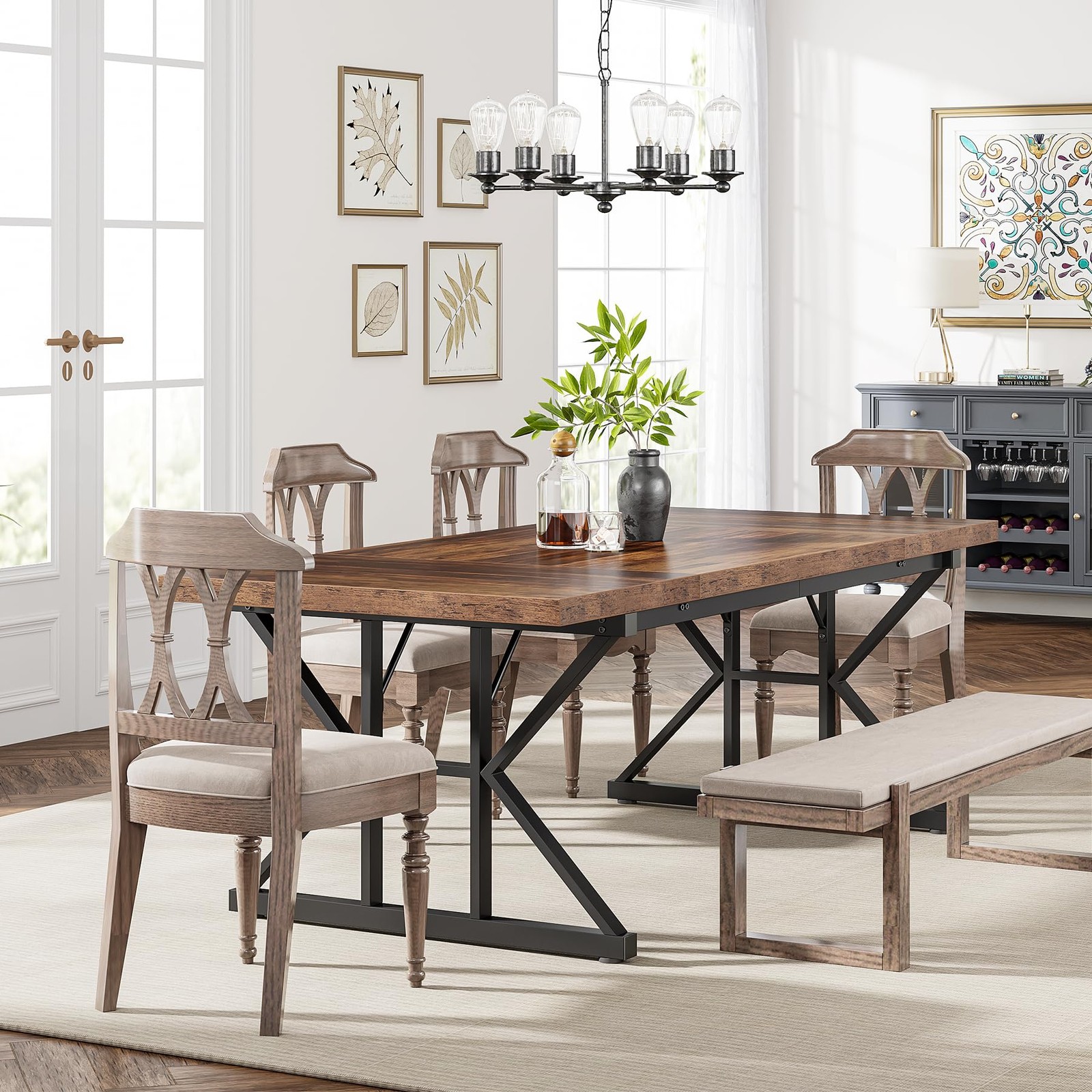 Farmhouse Dining Table for 6 People, 70.8-Inch Rectangular Wood Dining Table,…