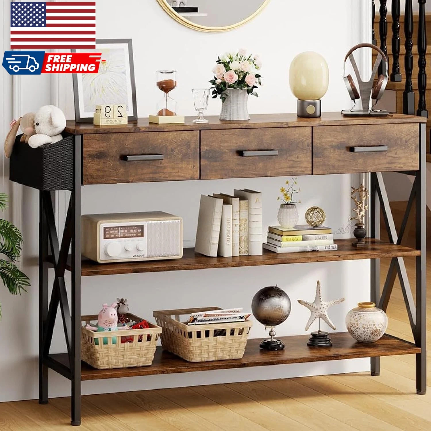 47″ Entryway Table with 3 Drawers and 3 Tier Storage Shelves Industrial Narrow