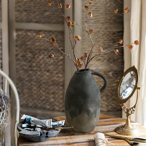 Rustic Ceramic Vase with Handle, Farmhouse Handmade Pottery Vase, Vintage Black