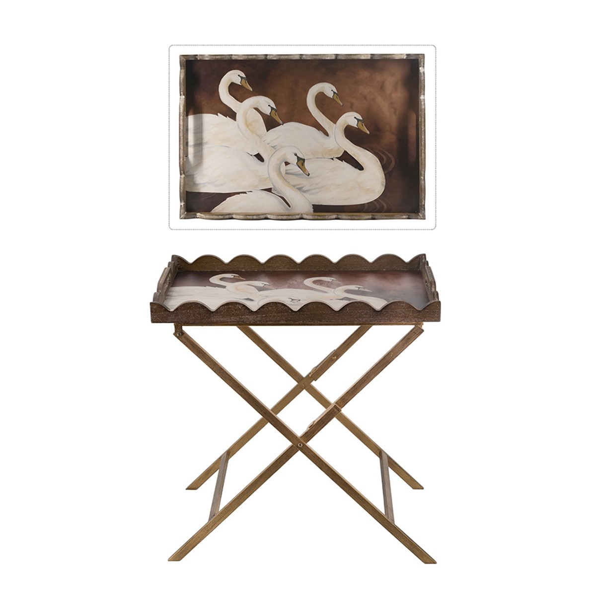 Brown MDF Tray Table with White Swan Motif Iron Base Rectangular Display Table
