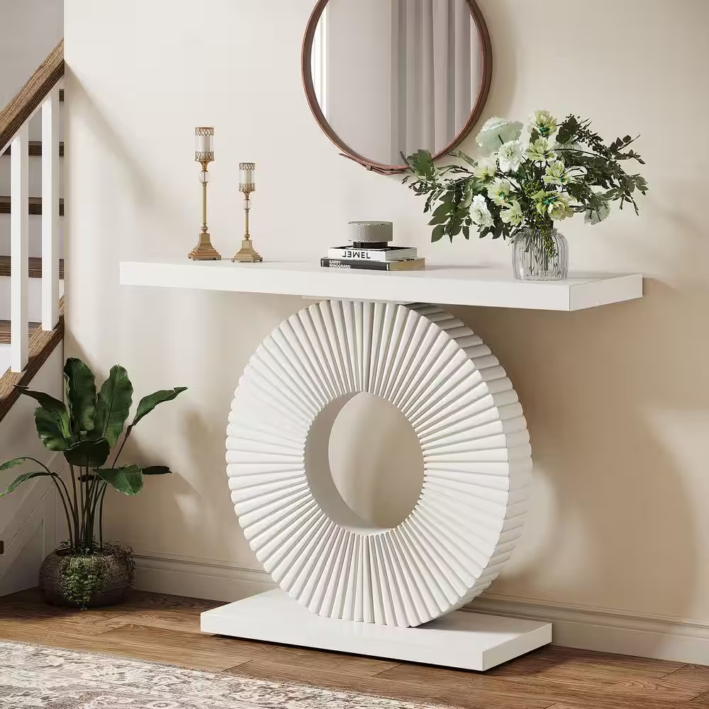Turrella 39 In. White Rectangle Engineered Wood Console Table with O Shaped Base