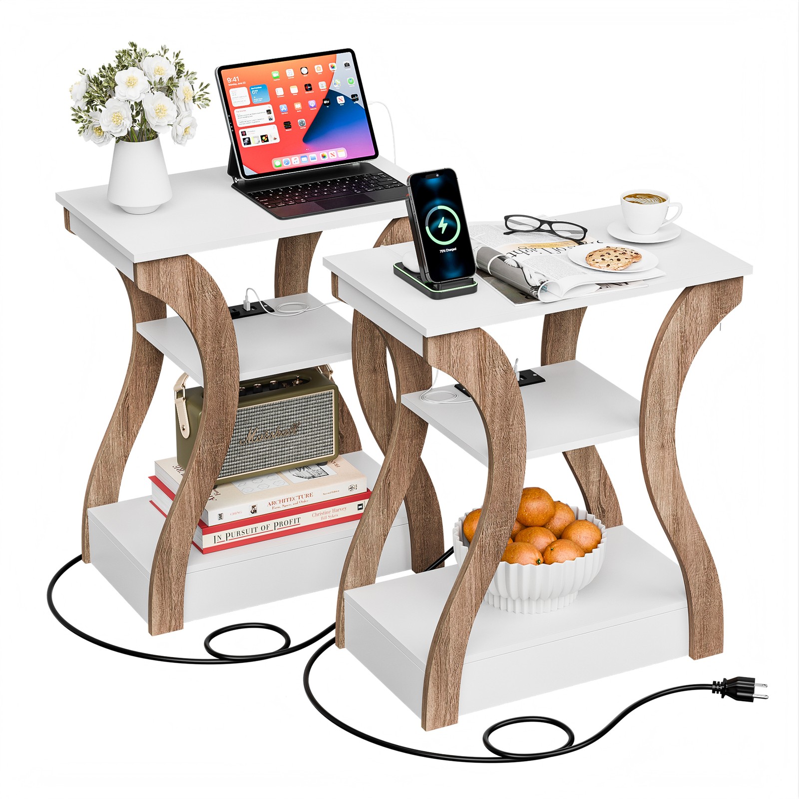 3 Tier End Table w/ USB Charging Station White Storage Shelf for Living Room 2X