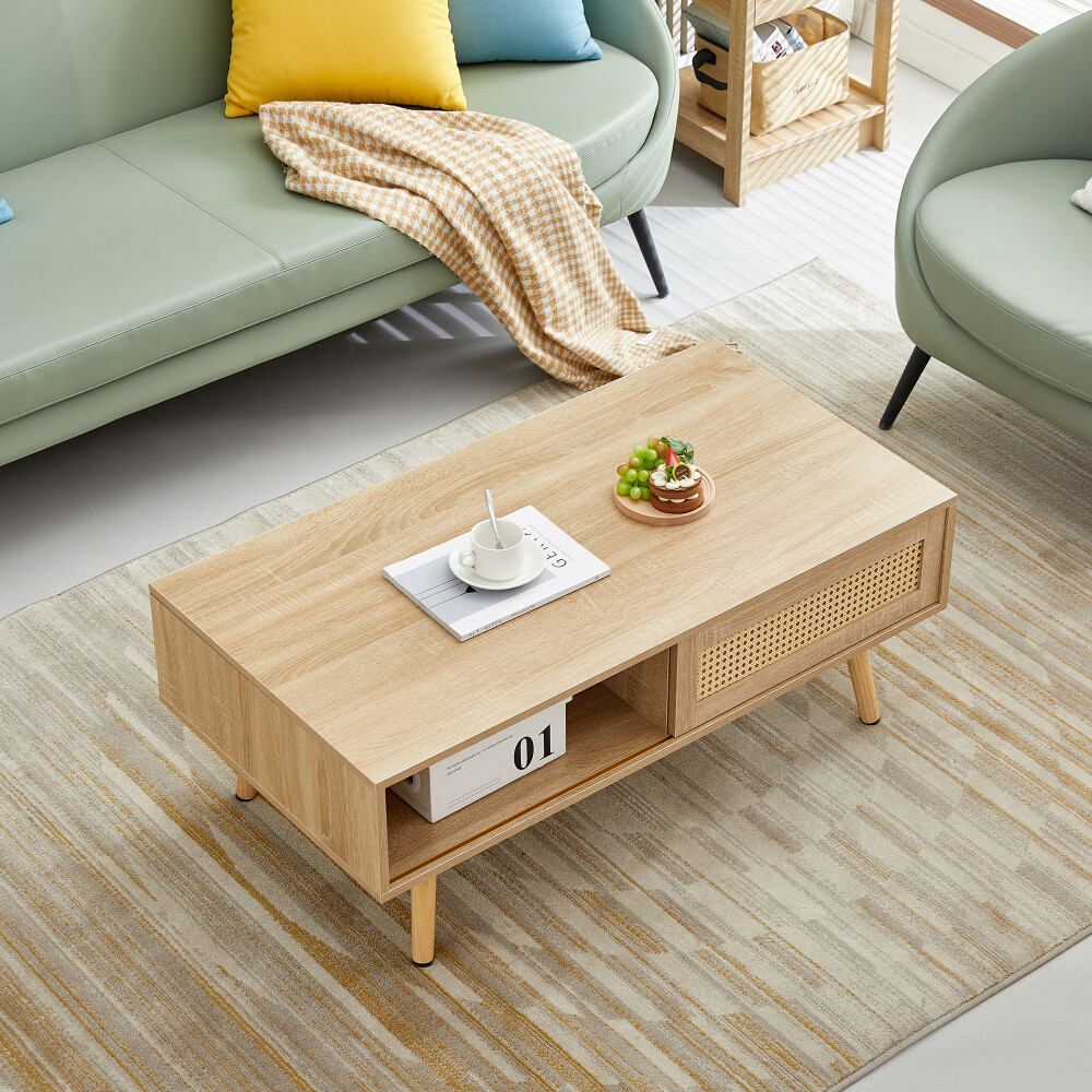 White Rattan Coffee Table with Sliding Doors – Perfect for Living Room