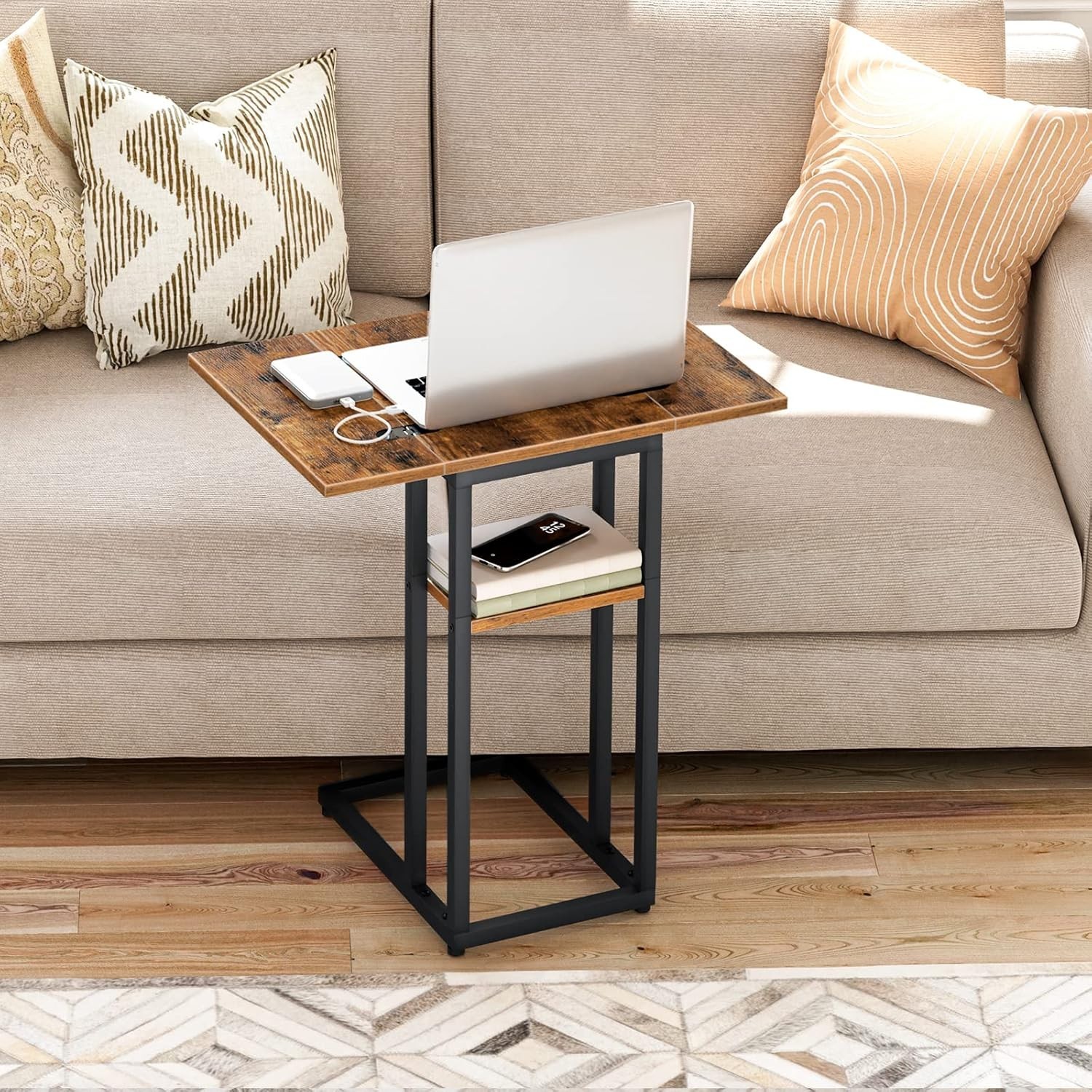 Foldable C Shaped End Table, C Shaped Side Table with Storage Shelf, Small Sn…