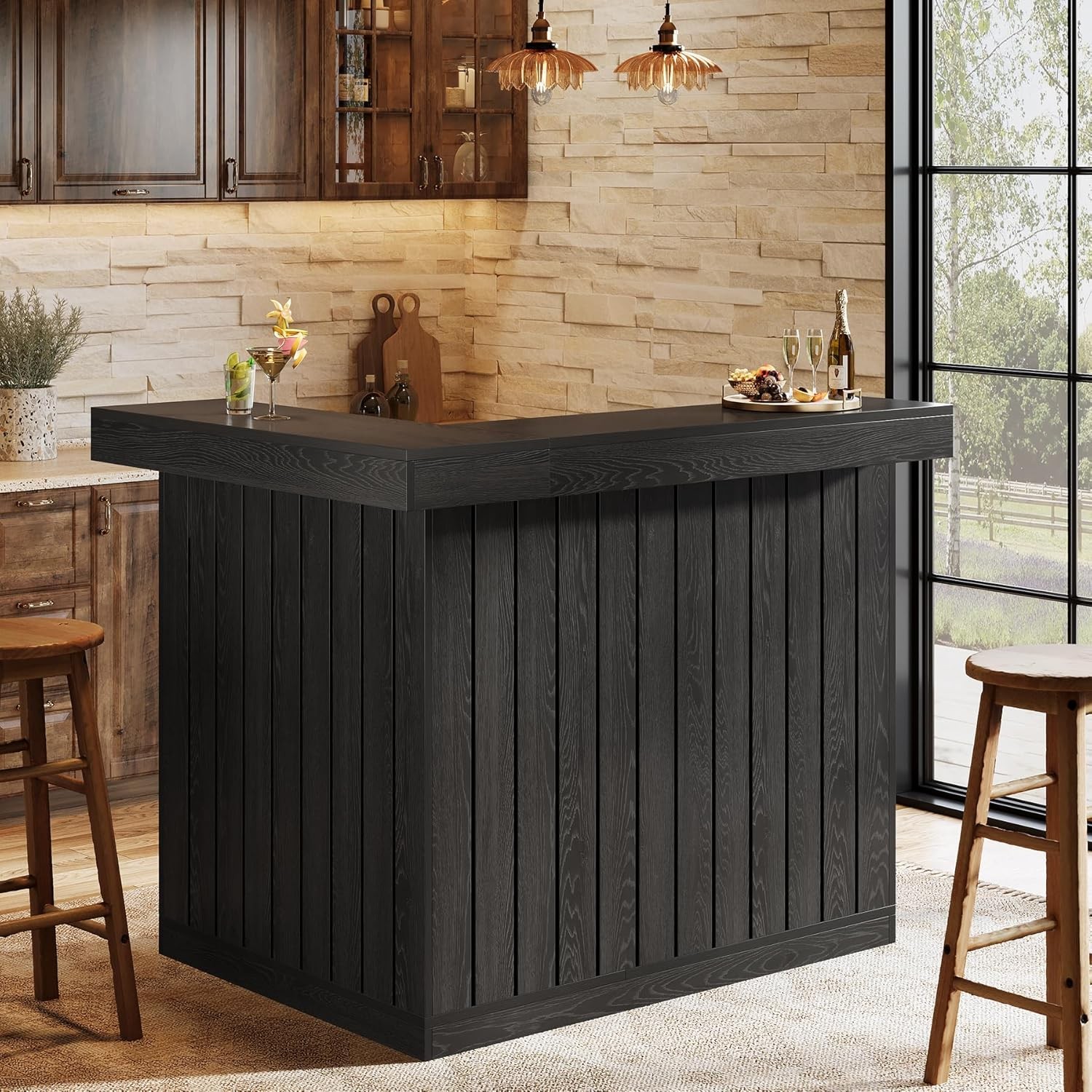 L-Shaped Home Bar Unit, 4-Tier Corner Liquor Bar Table with Storage Shelves