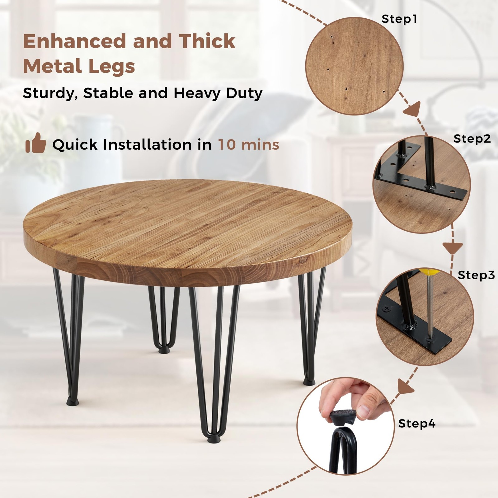 Rustic Wood Round Coffee Table with Metal Legs, Solid Elm Wood Top and Non-Sl…