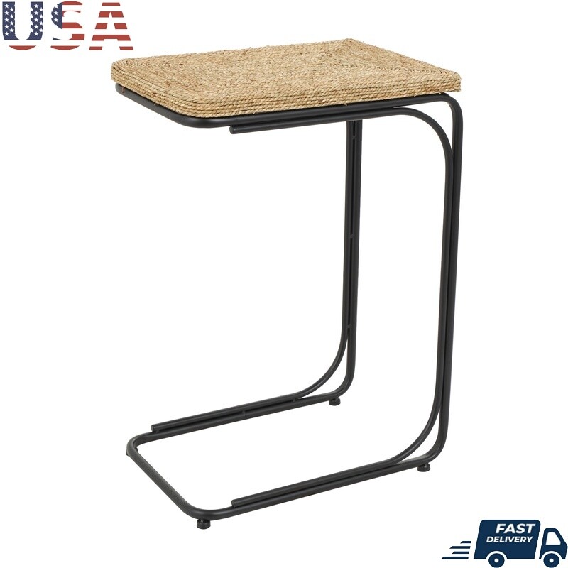 Handmade Coiled C-Shaped Accent Table W/ Black Metal Legs Indoor Decor New