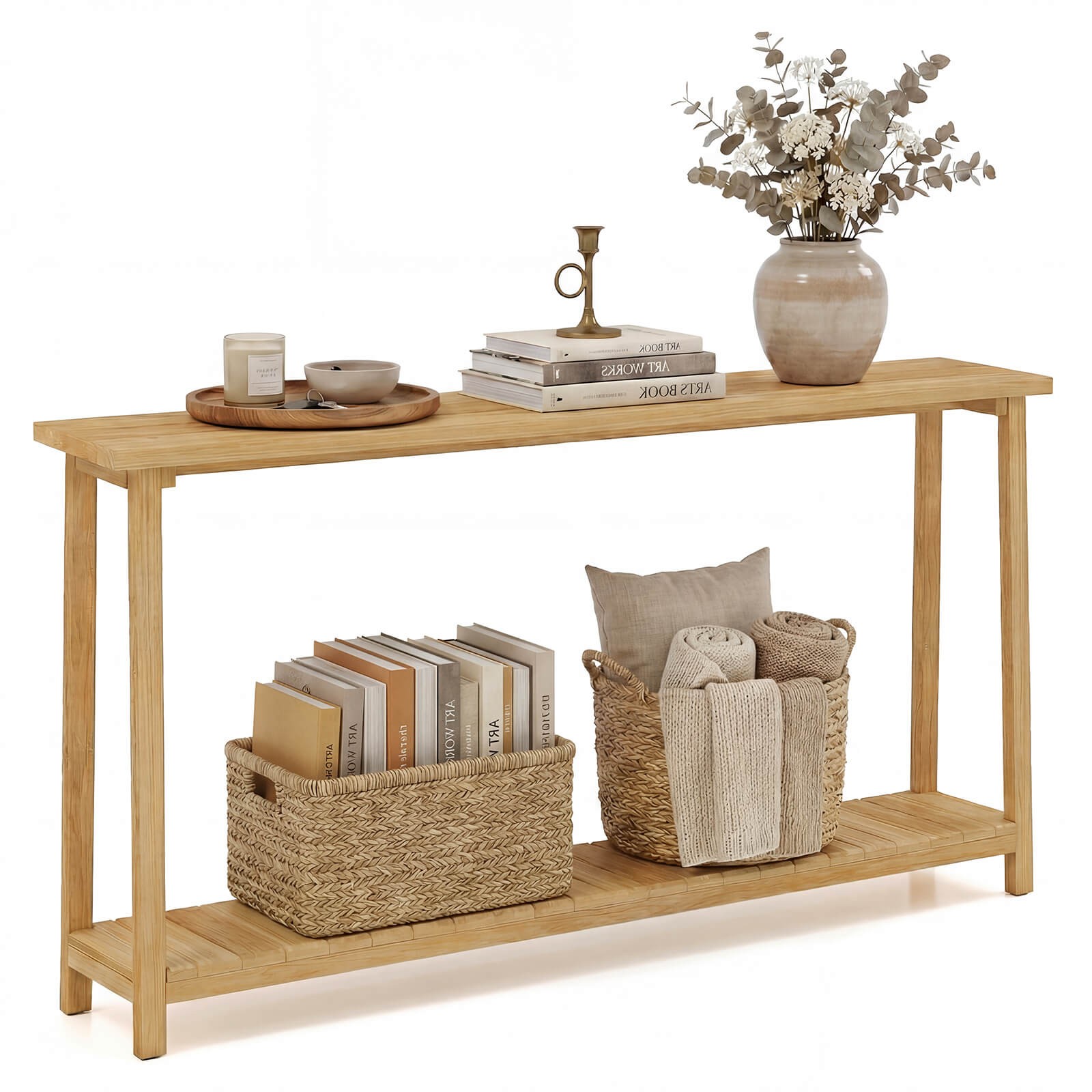 71” Solid Wood Large Console Table,2-Tier Farmhouse Sofa Table w/Teak Wood Frame