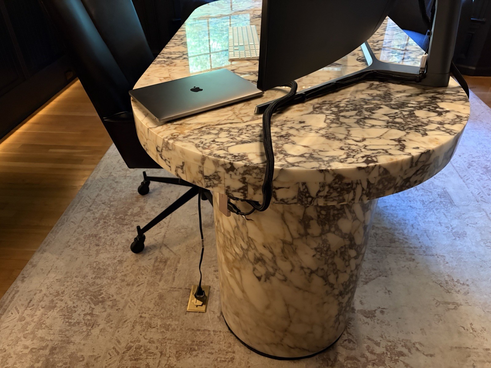 Oval Polished Marble Desk 73 x 35 in, 33 in H, Marbled Multicolor Modern