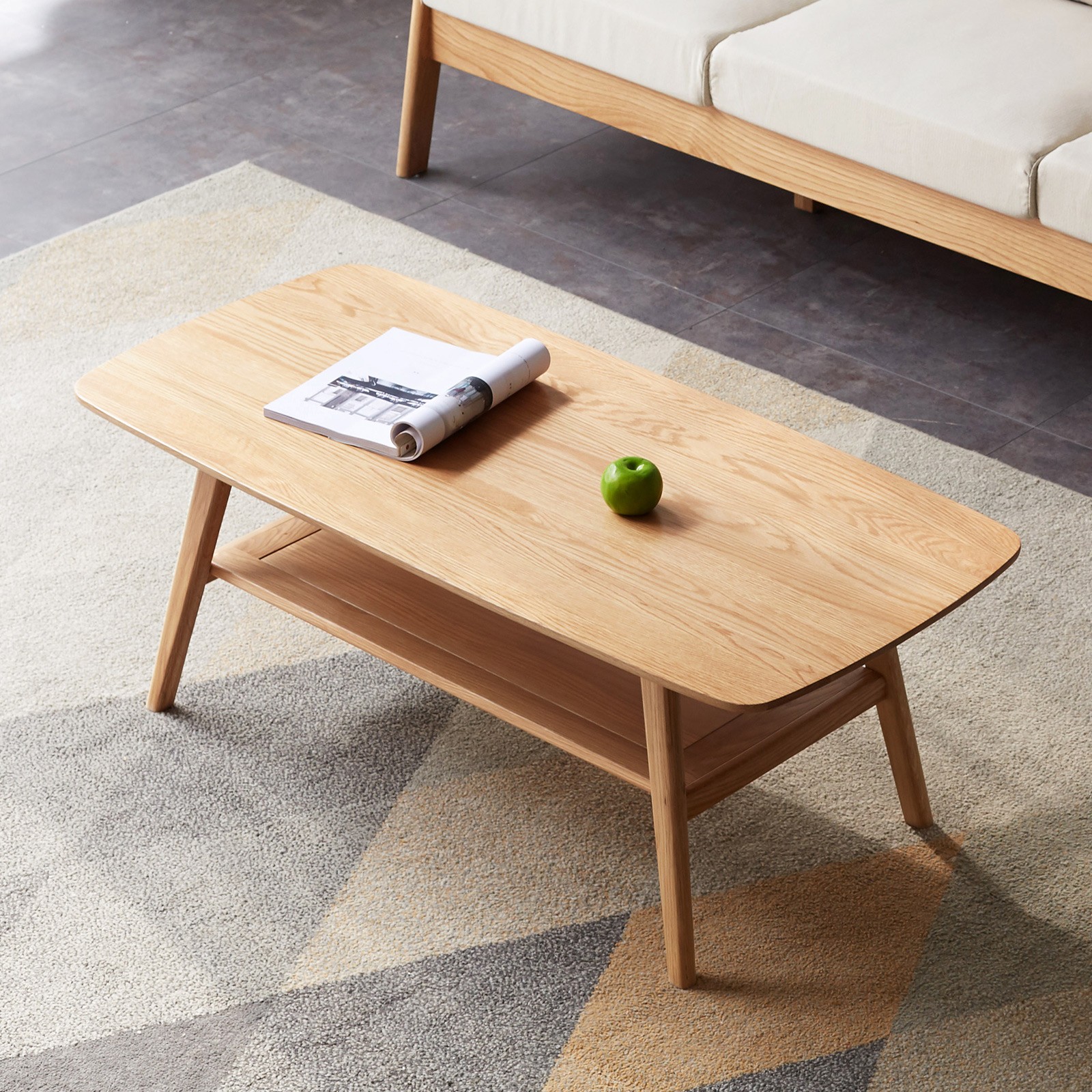 Solid Wood Coffee Table 2-Tier Coffee Table With Storage Shelf Natural Color