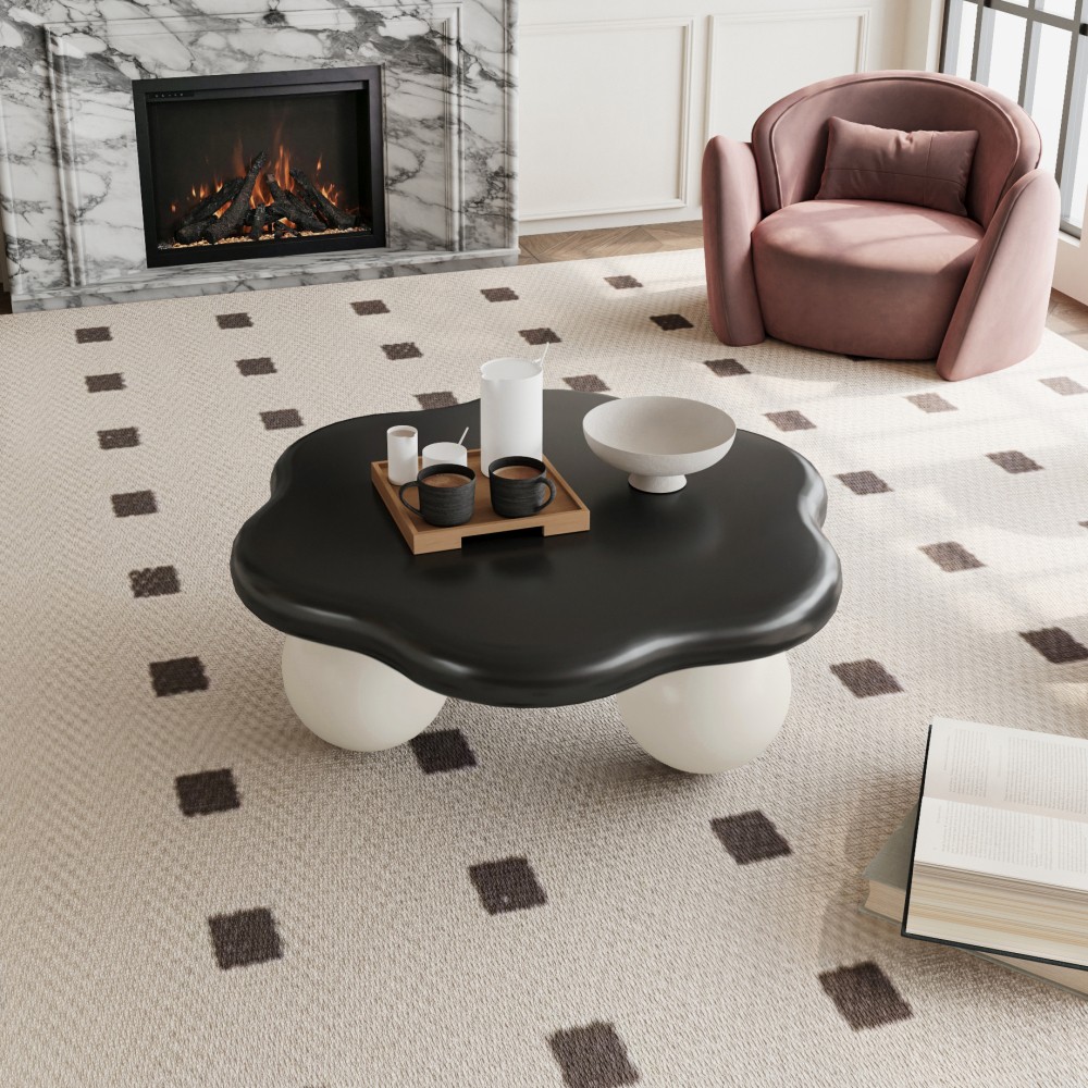 35″ Cloud Coffee Table, Petal-Shaped, Black Top White Legs, Spherical Base