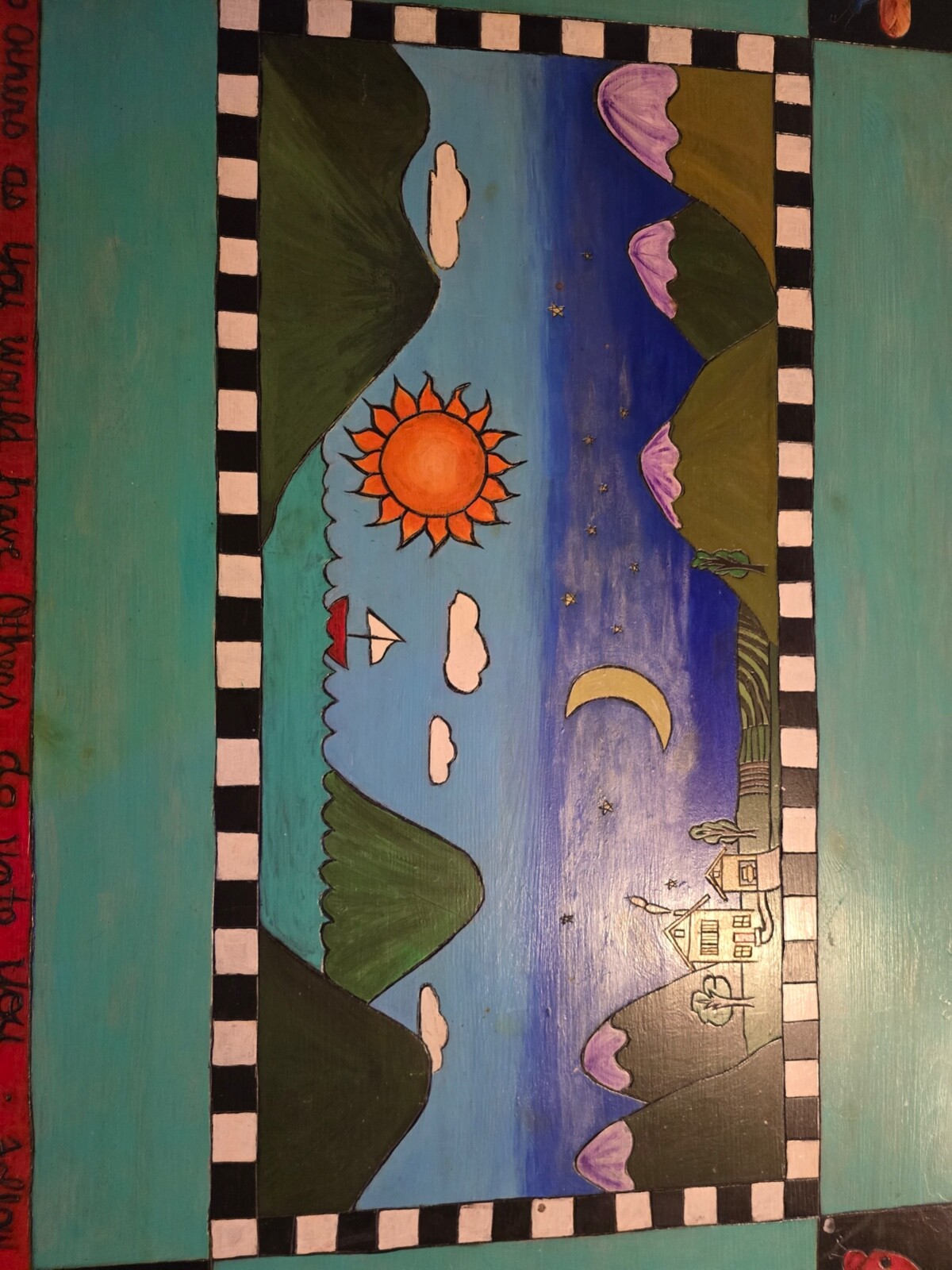 Wood burned table with artwork design