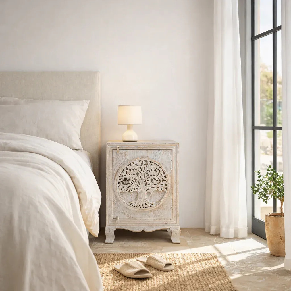 Artisan Handmade Bedside Table Solid Wood Hand Carved 19.7 × 15.7 × 27.6 inches
