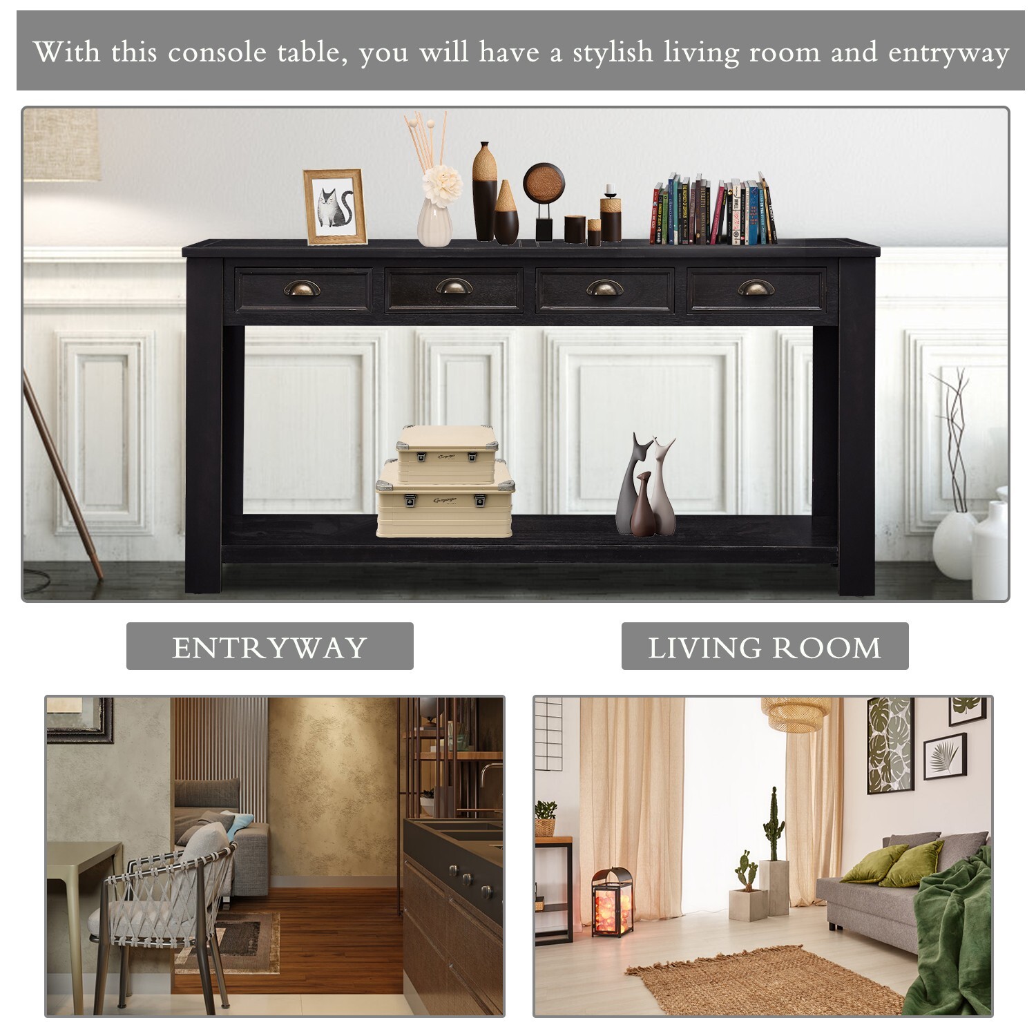 Rustic Entryway Console Table 60 ” Long Sofa Table with 4 Drawers Shelf Wooden