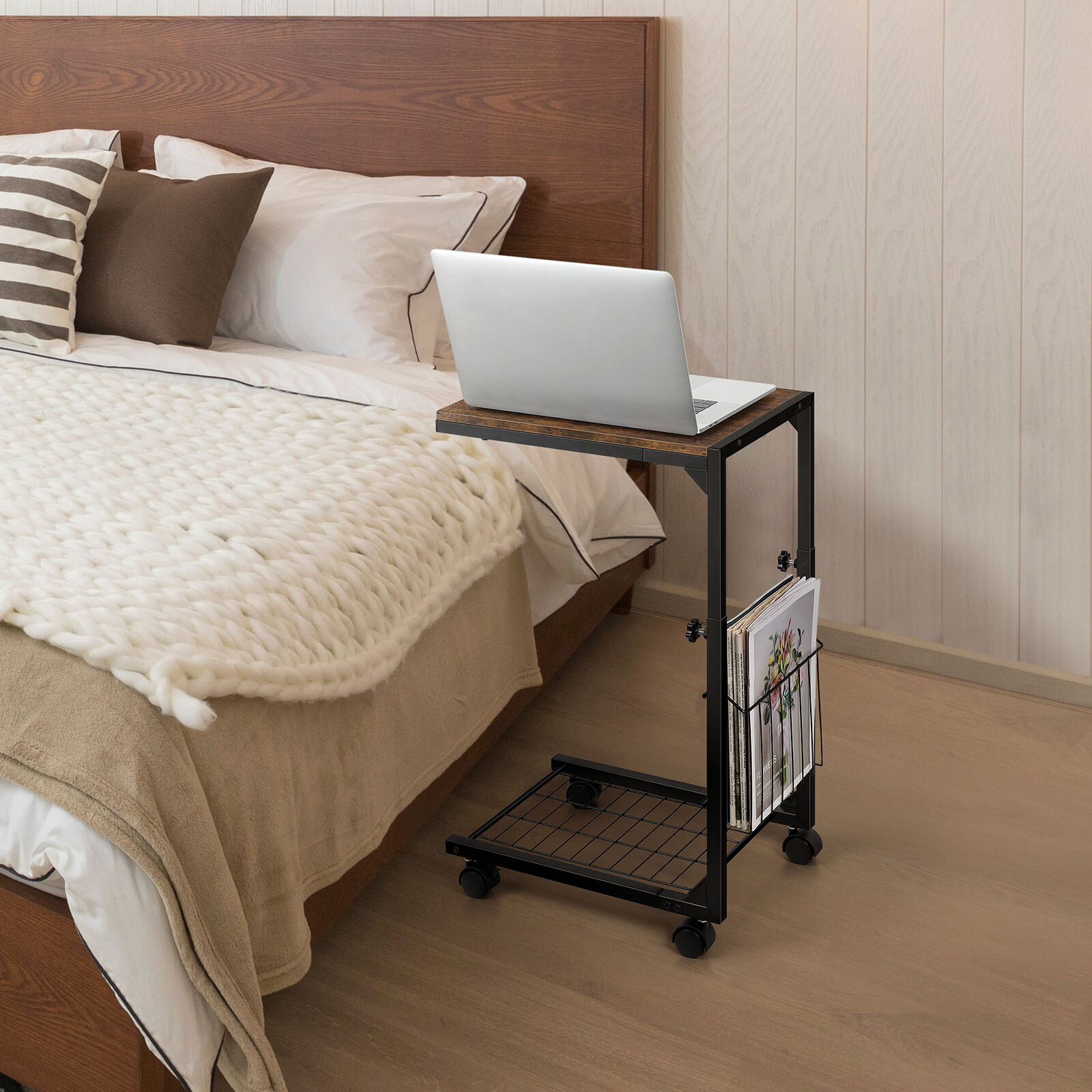 C Shaped Side Table Height Adjustable Sofa End Table Laptop Table Wheels Bedroom