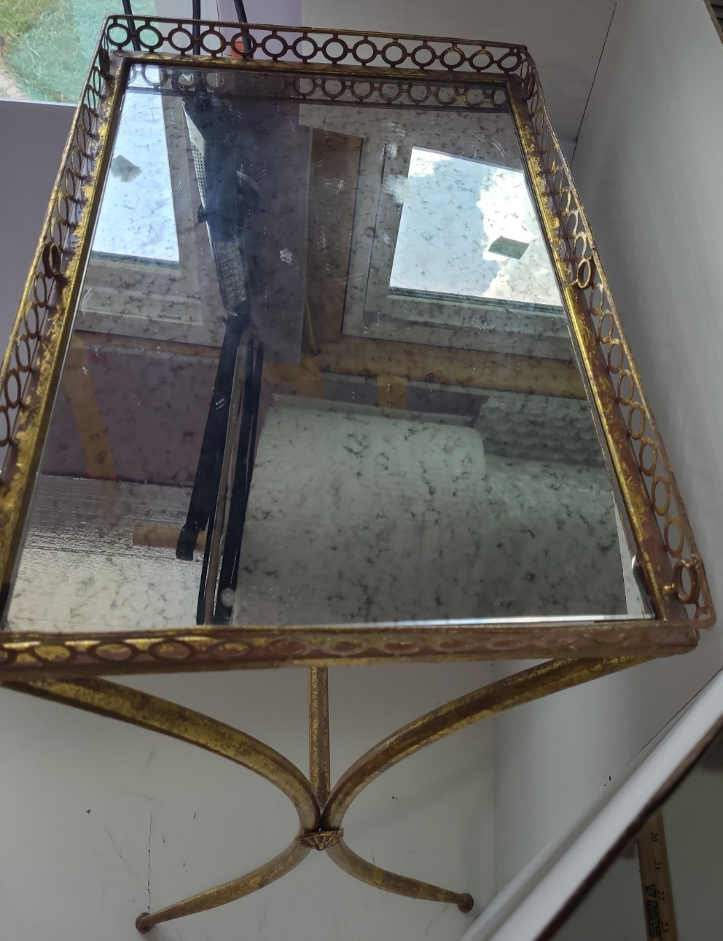 VTG MCM Side Table Gold Metal Wire Base Hollywood Regency Smoked Glass Repair