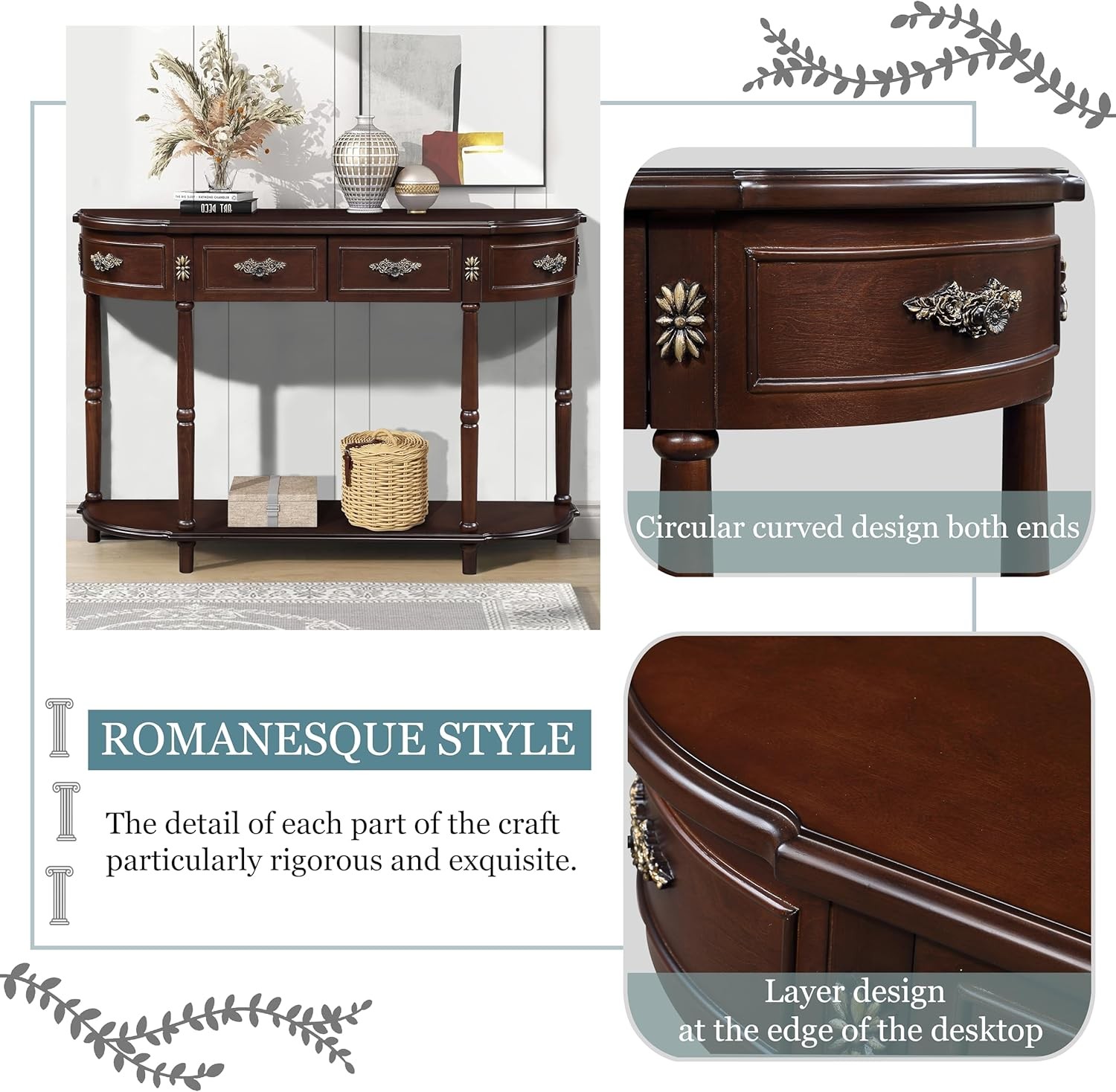52″ Retro Curved Console Table, Wood Sofa Table with Open Shelf and 2 Drawers