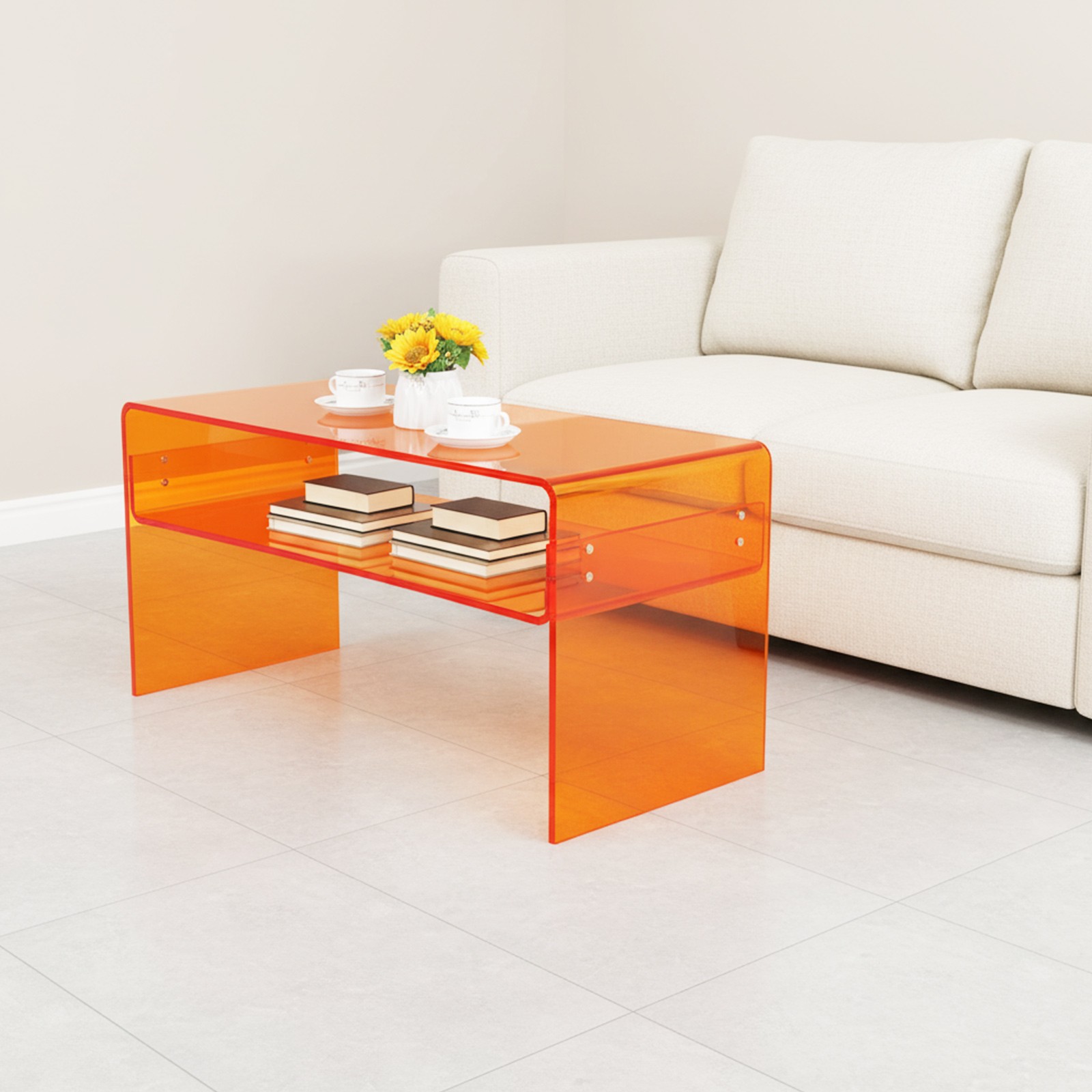 Acrylic Coffee Table 2 Tiers Modern Side Table End Desk Orange 31.5×15.8×15.8in