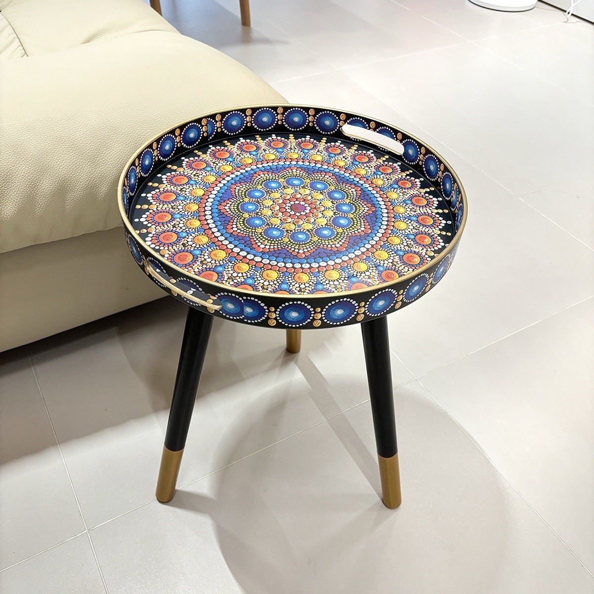 New Round Accent Side Table 45cm Dia 38cm H Black Legs Gold Accents Home Decor