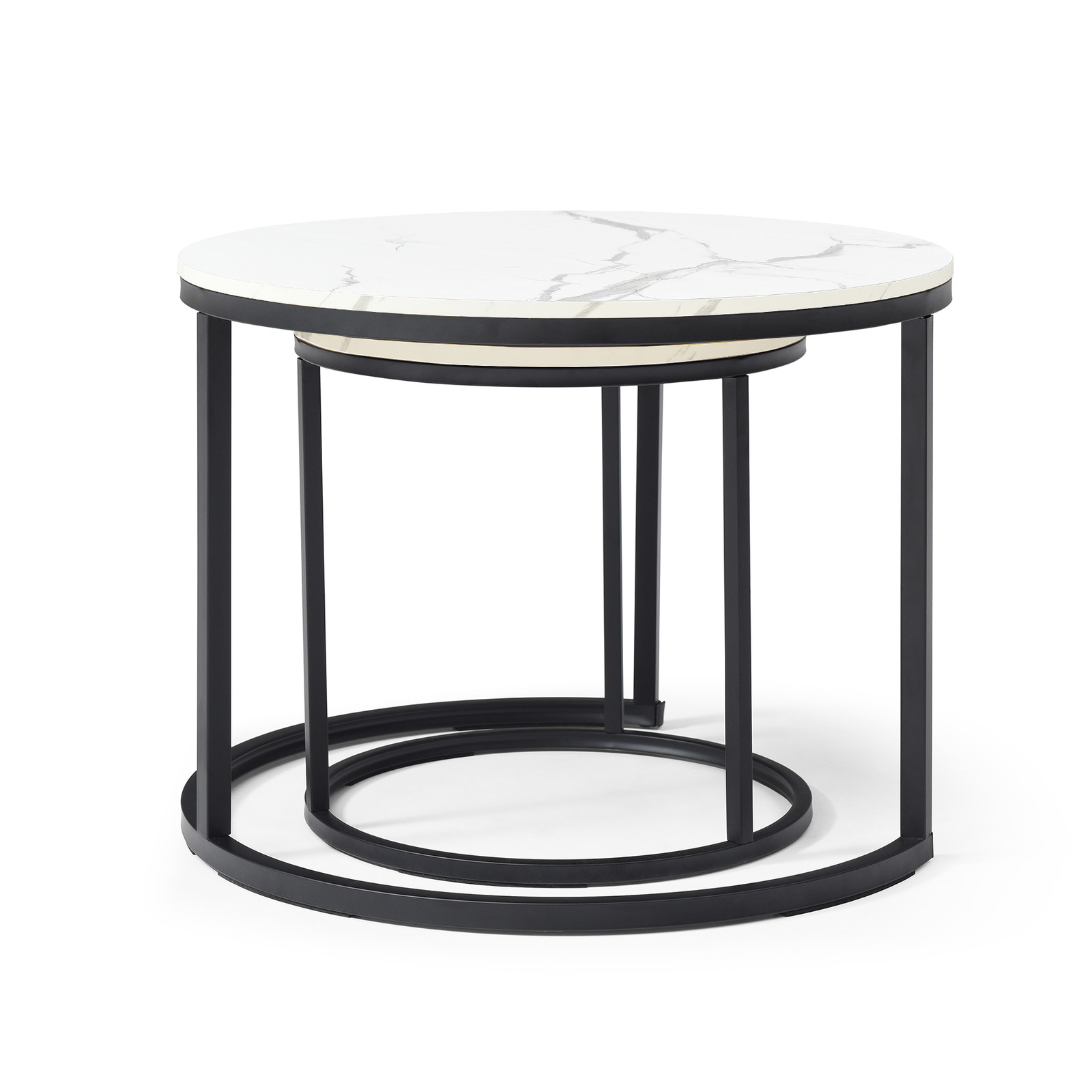 Set 2 Coffee Table Nesting White and Gray Top Black Frame Circular Round