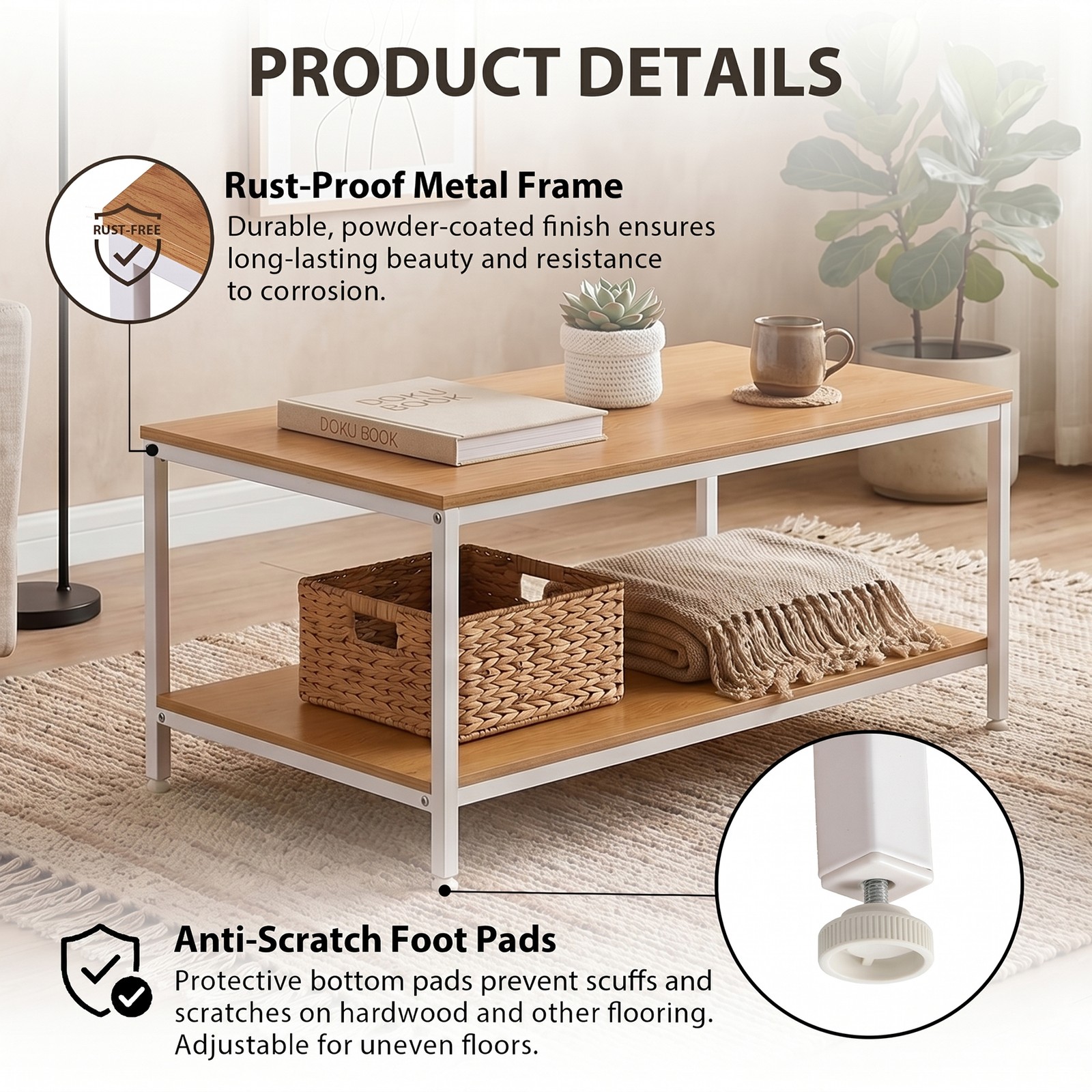 Natural Coffee Table for Living Room Rectangle 2-Tier Coffee Tables with Storage