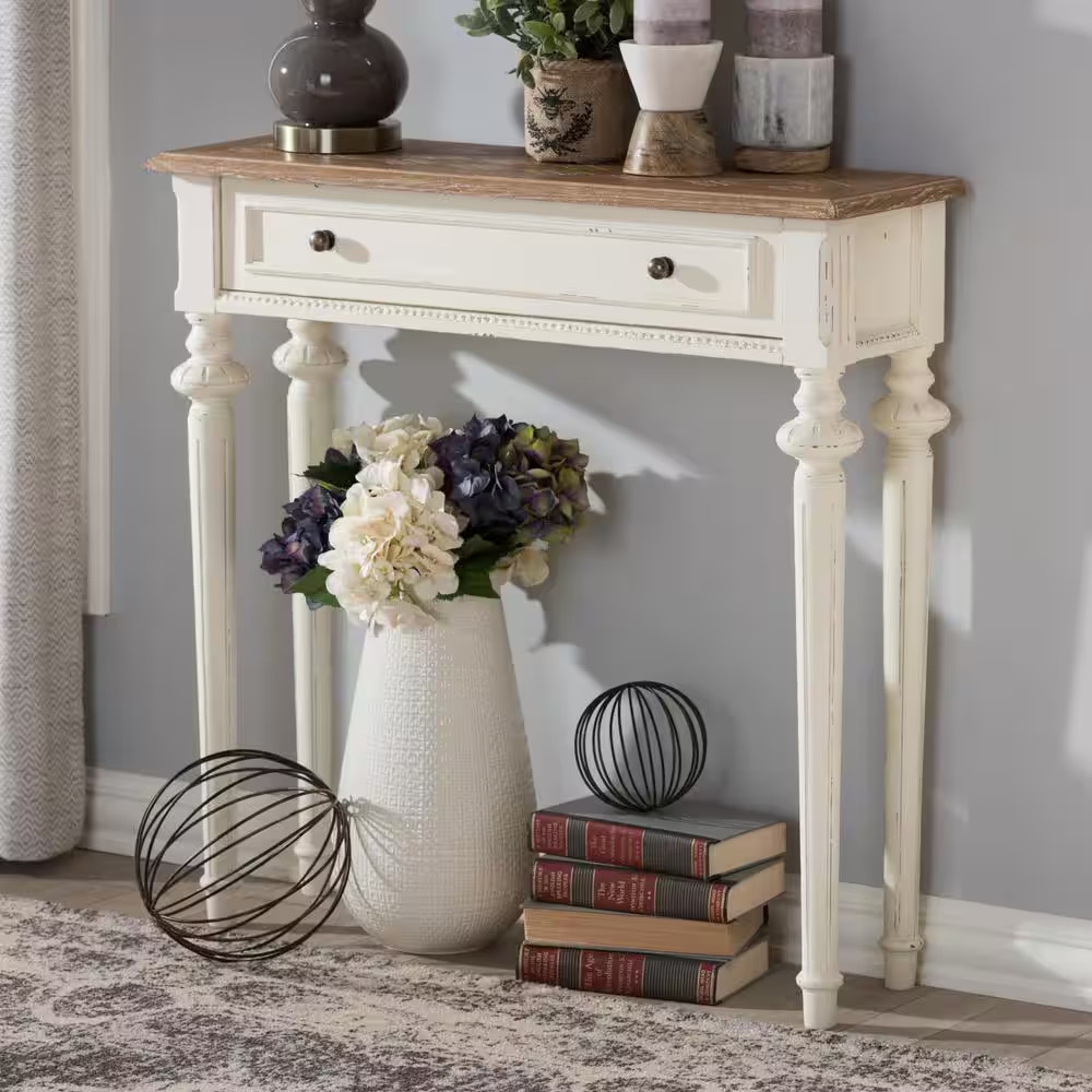 Marquetterie 10 In. White/Natural Standard Rectangle Wood Console Table with Dra