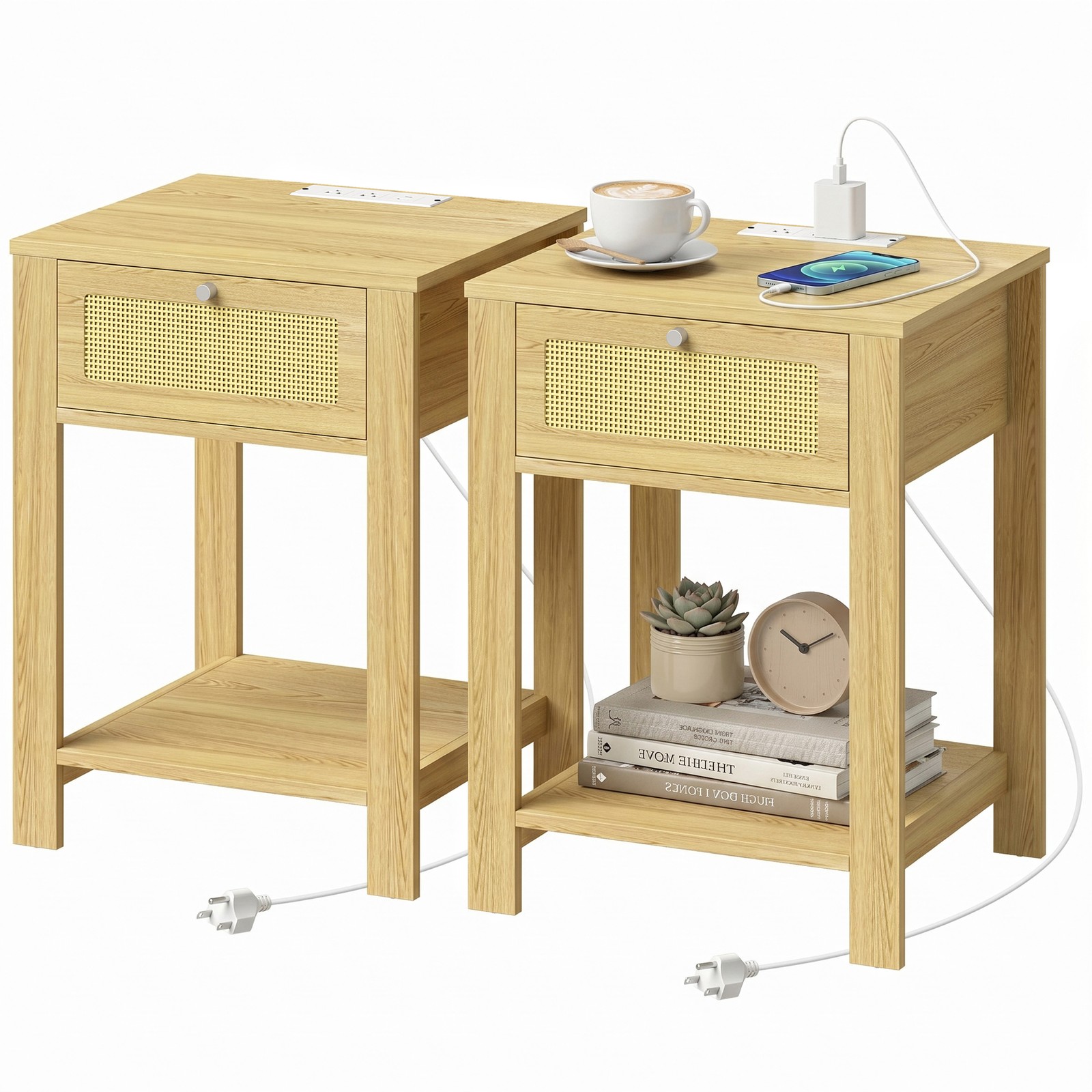 HOMCOM End Table Set of 2 with Charging Station, Bed Side Tables, Natural