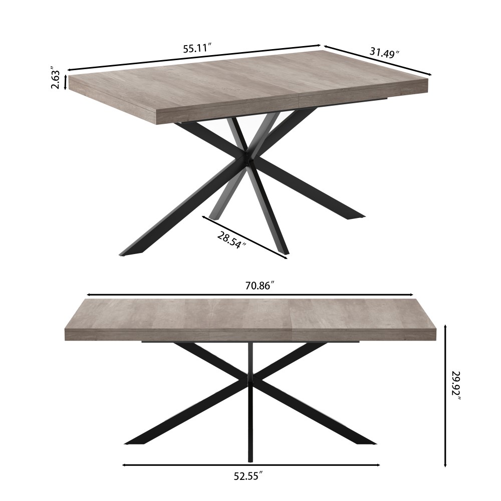 55.11″-70.86″Retro Rectangular Stretch Dining Table, Grey Carole Top
