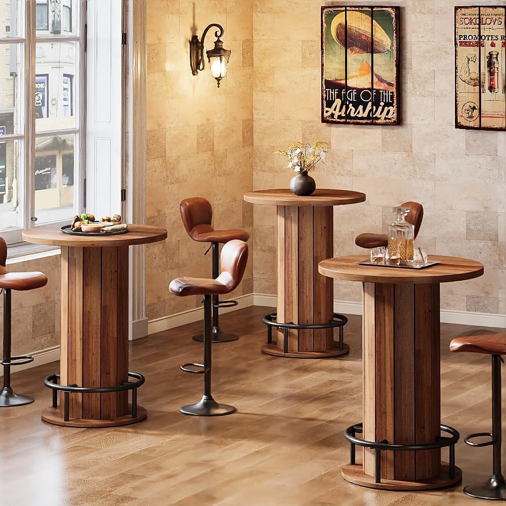 Industrial Round Bar Table, 39.4″ Wood Bistro Pub Table with Metal Ring Footrest