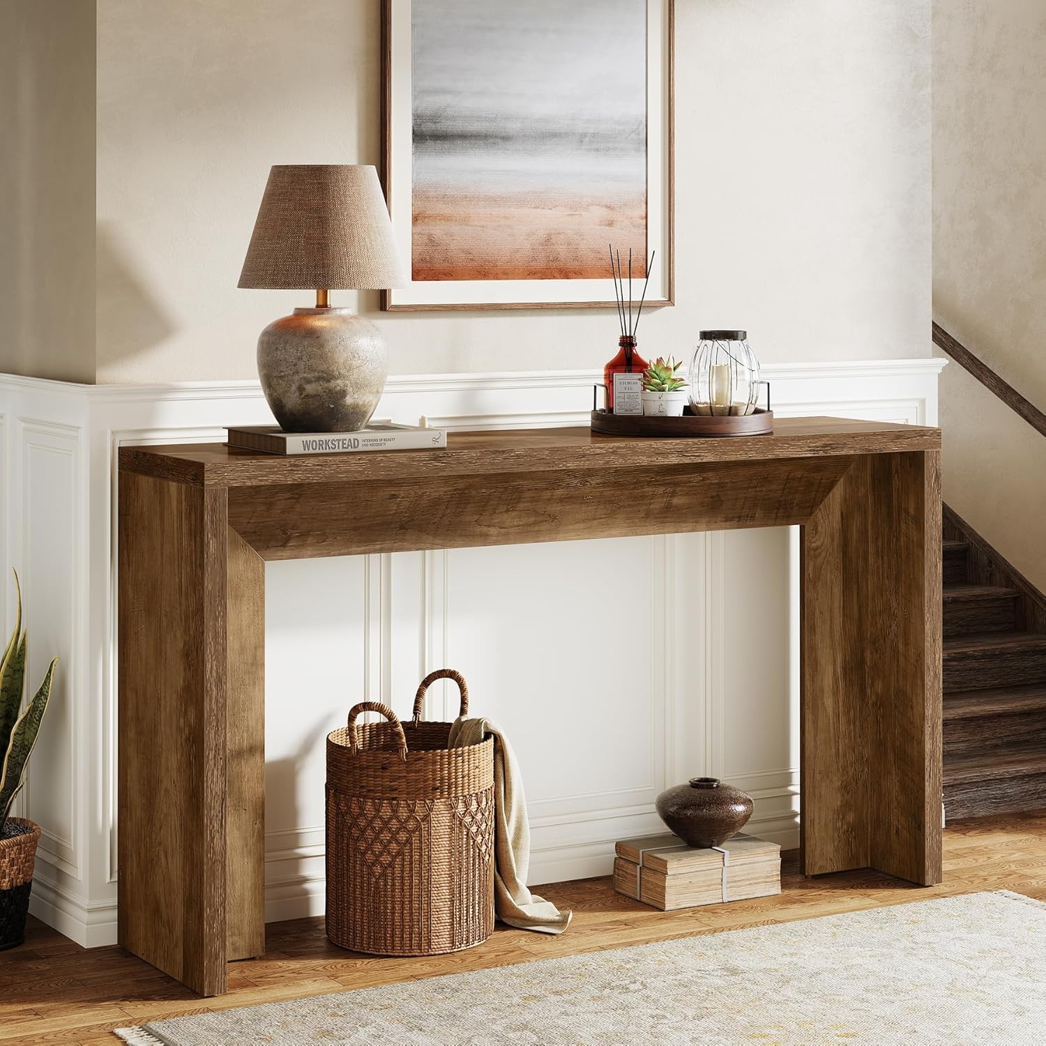 55-Inch Farmhouse Console Table, Wooden Sofa Table with Storage for Entryway