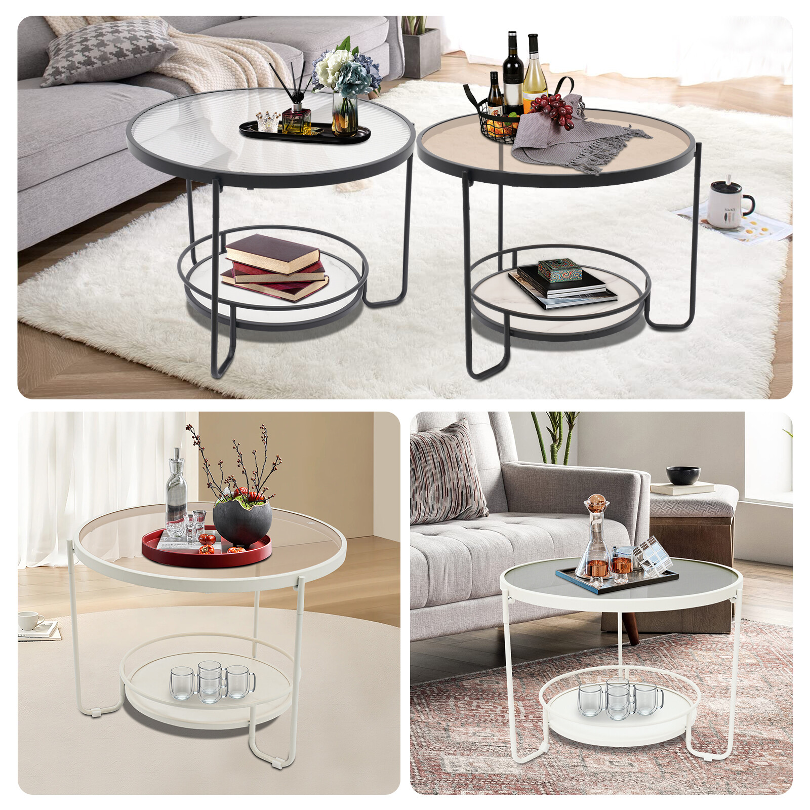 Modern Round 2-Tier Side Table – Black/White& Teal/Clear, Tempered Glass 60/40cm