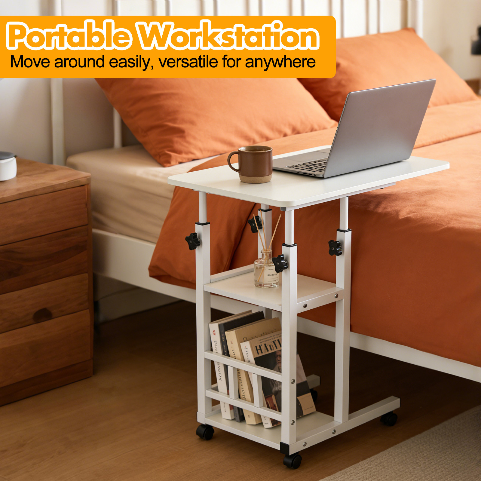 Modern Overbed Table Height Adjustable Bed Side Table Rolling Sofa End Table