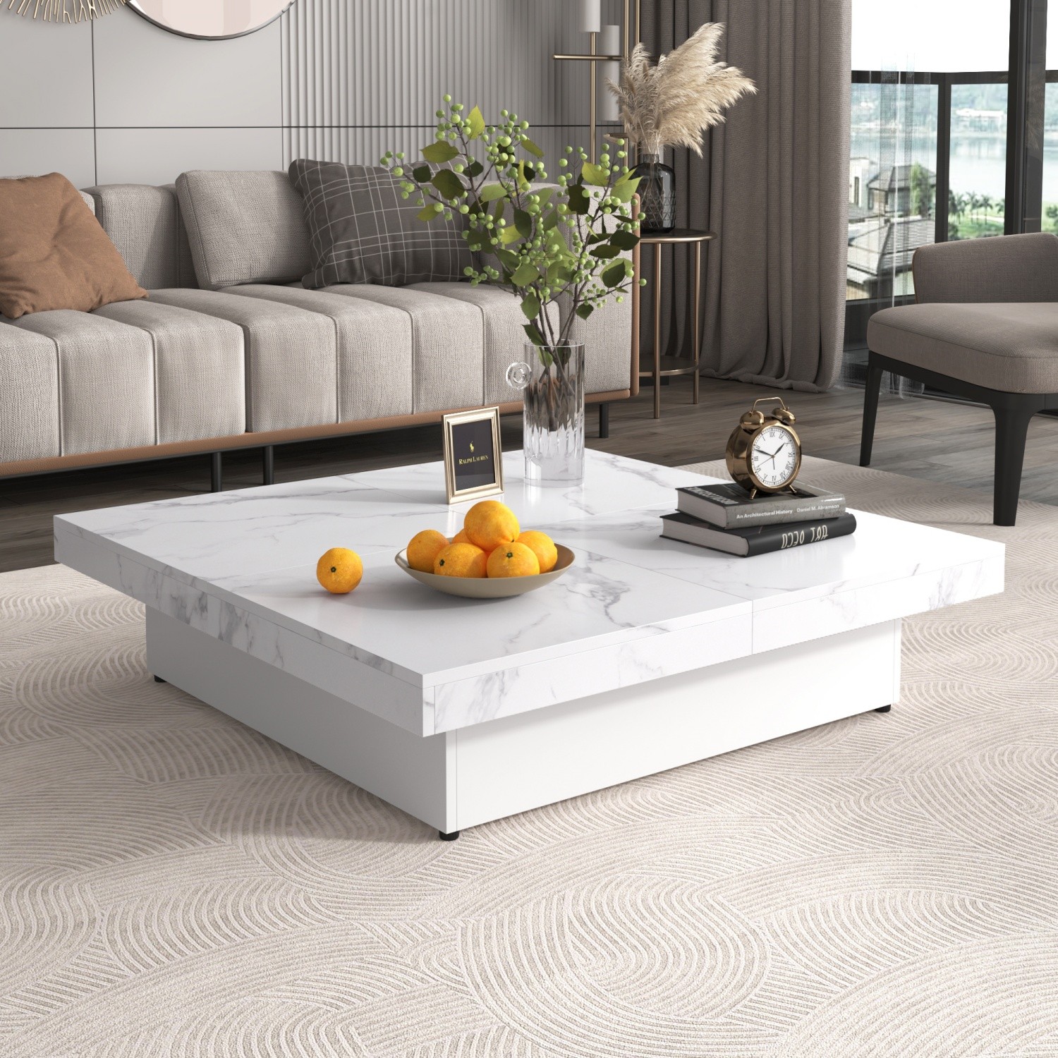 Modern Square Cocktail Coffee Table w/ White Marble Sliding Top & Hidden Storage